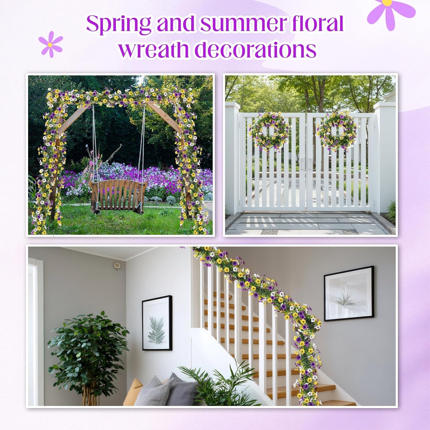 4 Pcs 6 ft Artificial Flowers Wisteria Garland-Total 24 ft Fake Hanging Wisteria Flowers Green Vines Garlands, Faux Flower Daisy with Eucalyptus Leaves for Garden Decor (Mixed 3 Colors)
