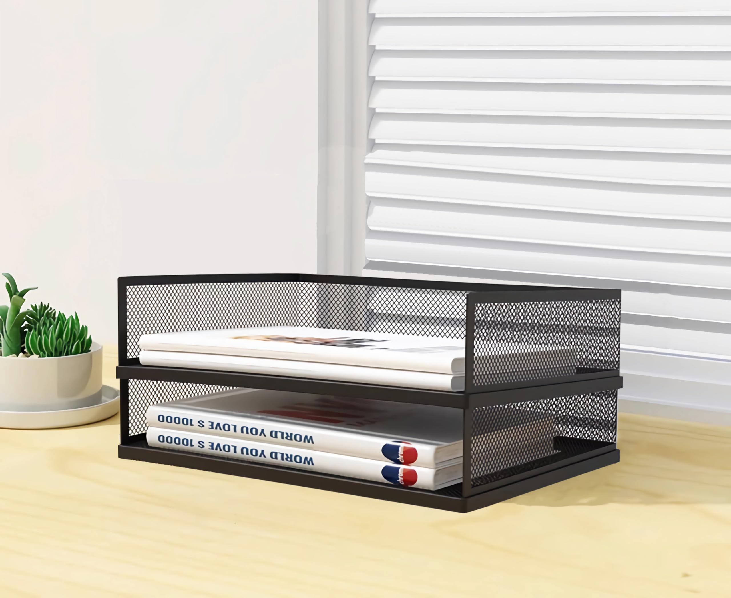 A3 Stackable Paper Letter Tray Organizer, 2/3/4 Tier, Metal Mesh File Folder Organizer for Desk with File Holder for Home Office Supplies, Black,White (A3,Black,Horizontal, 2 Tier)