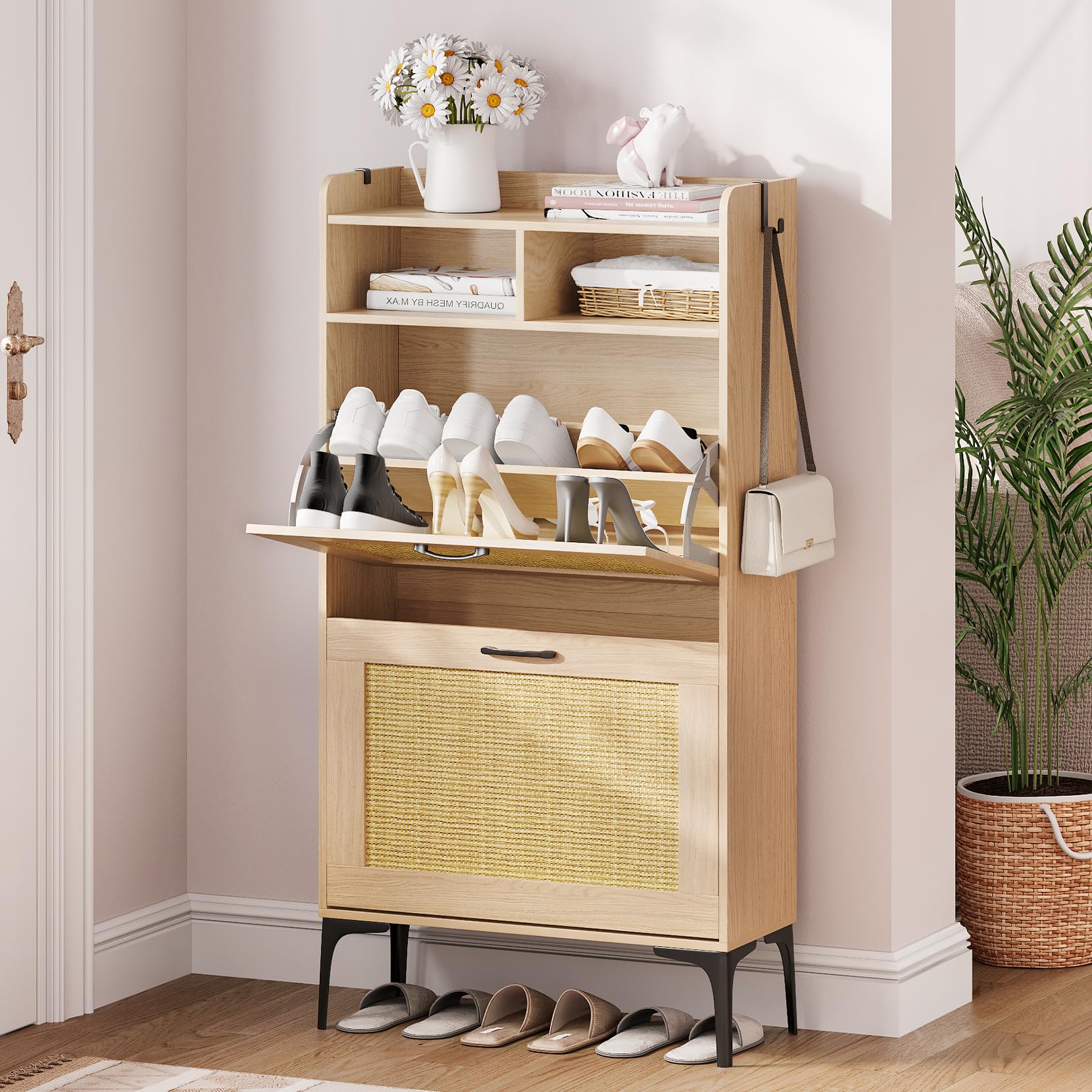 Dripex Schuhregal schmal Rattan 60x24x114cm, Schuhschrank mit 2 Klappen, schuhkipper