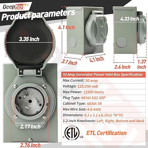 Miniatura 5 de Cable generador de 30 amperios y caja de entrada de alimentación preperforada, cables de generador de 15 pies de 30 amperios, 125250 voltios, 7500