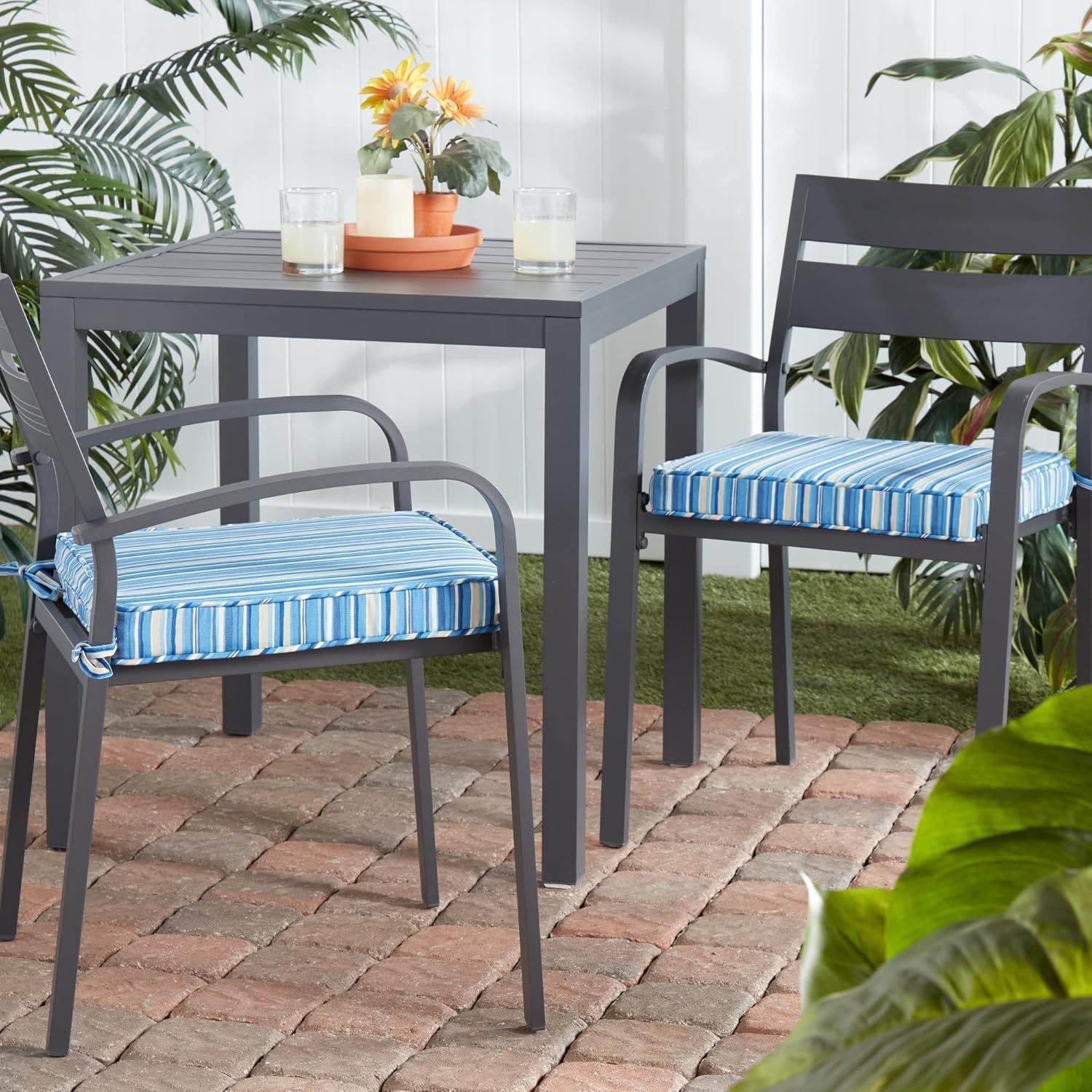 18" Square Outdoor Reversible Dining Seat Cushion (2-Pack), Sapphire Stripe