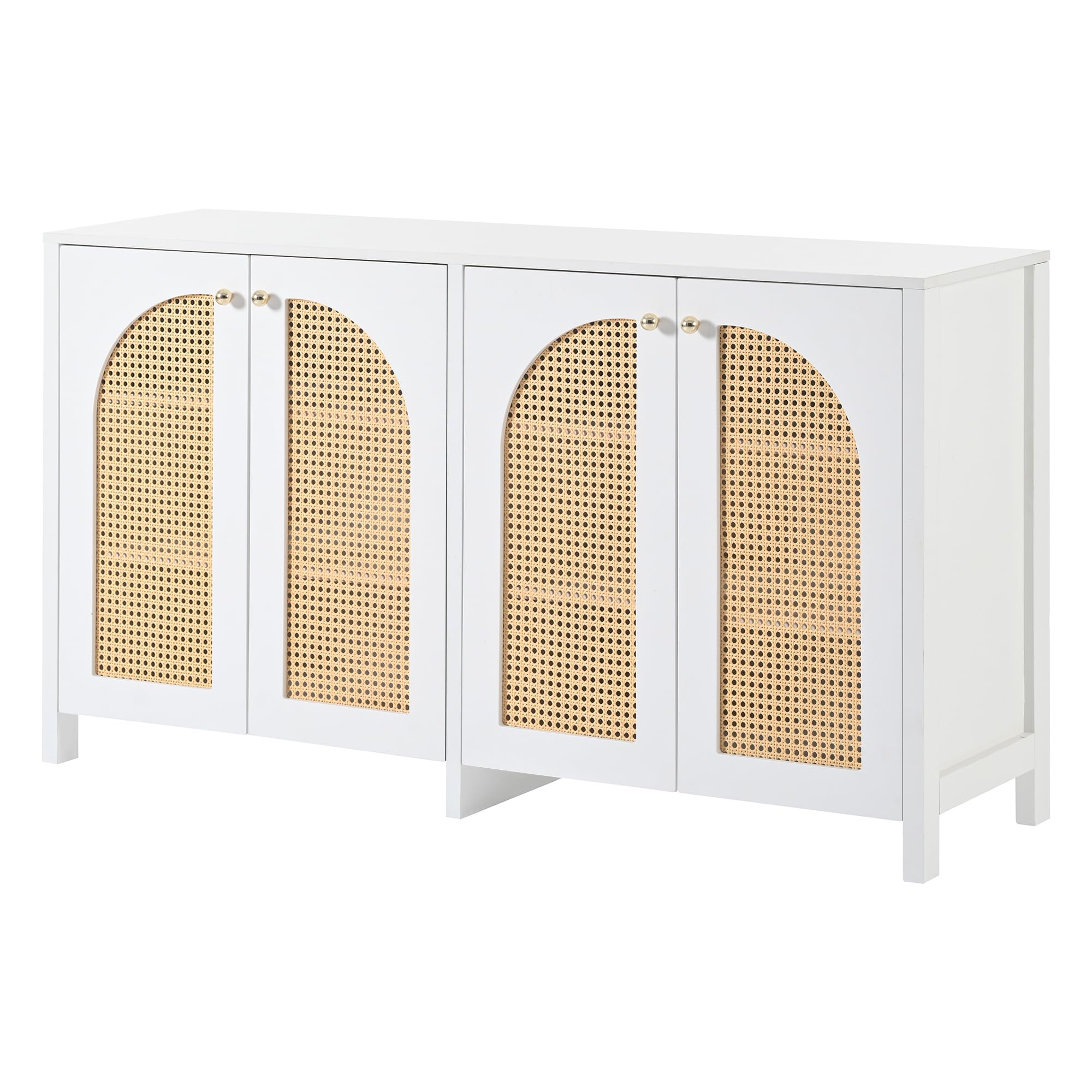 Azkoeesy Credenza con 4 ante in rattan, maniglie in metallo dorato, 145x40x80 cm, ripiani regolabili, minimalista, armadio da cucina/soggiorno, bianco