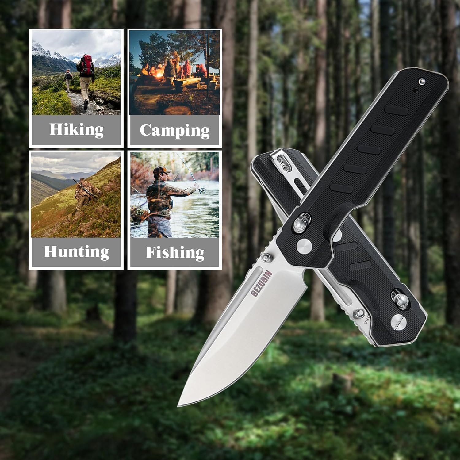 Folding Pocket Knife 3.25" VG10 Blade EDC Folding Knife with Safety Axis Lock Black G10 Handle Hunting Camping Knife with Thumb Stud Opener