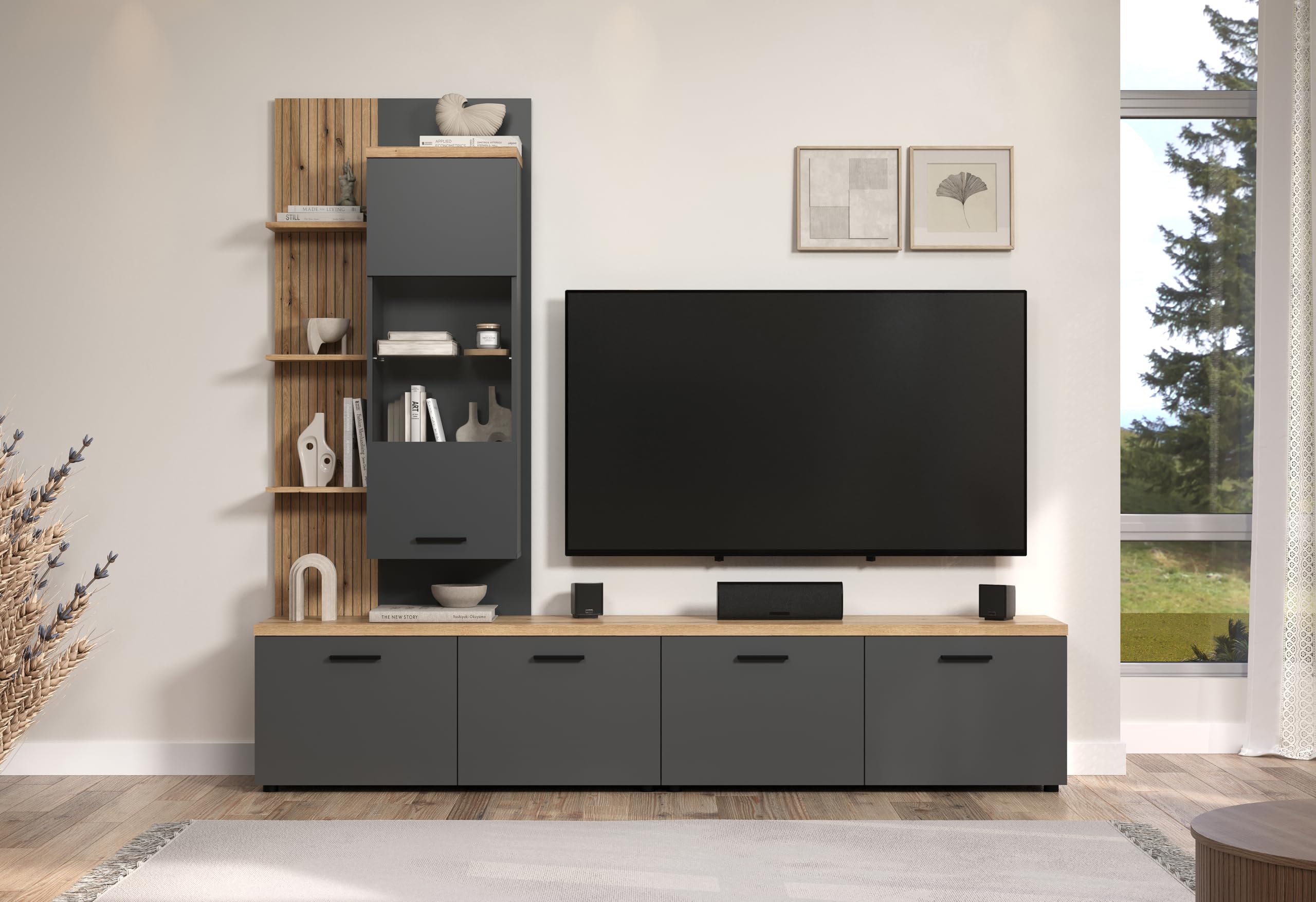 trendteam smart living Baggio Wohnwand Grau/Eiche Kombination aus Hängevitrine und 2 Lowboards (BxHxT) 240 x 212 x 40 cm für TV bis 65 Zoll