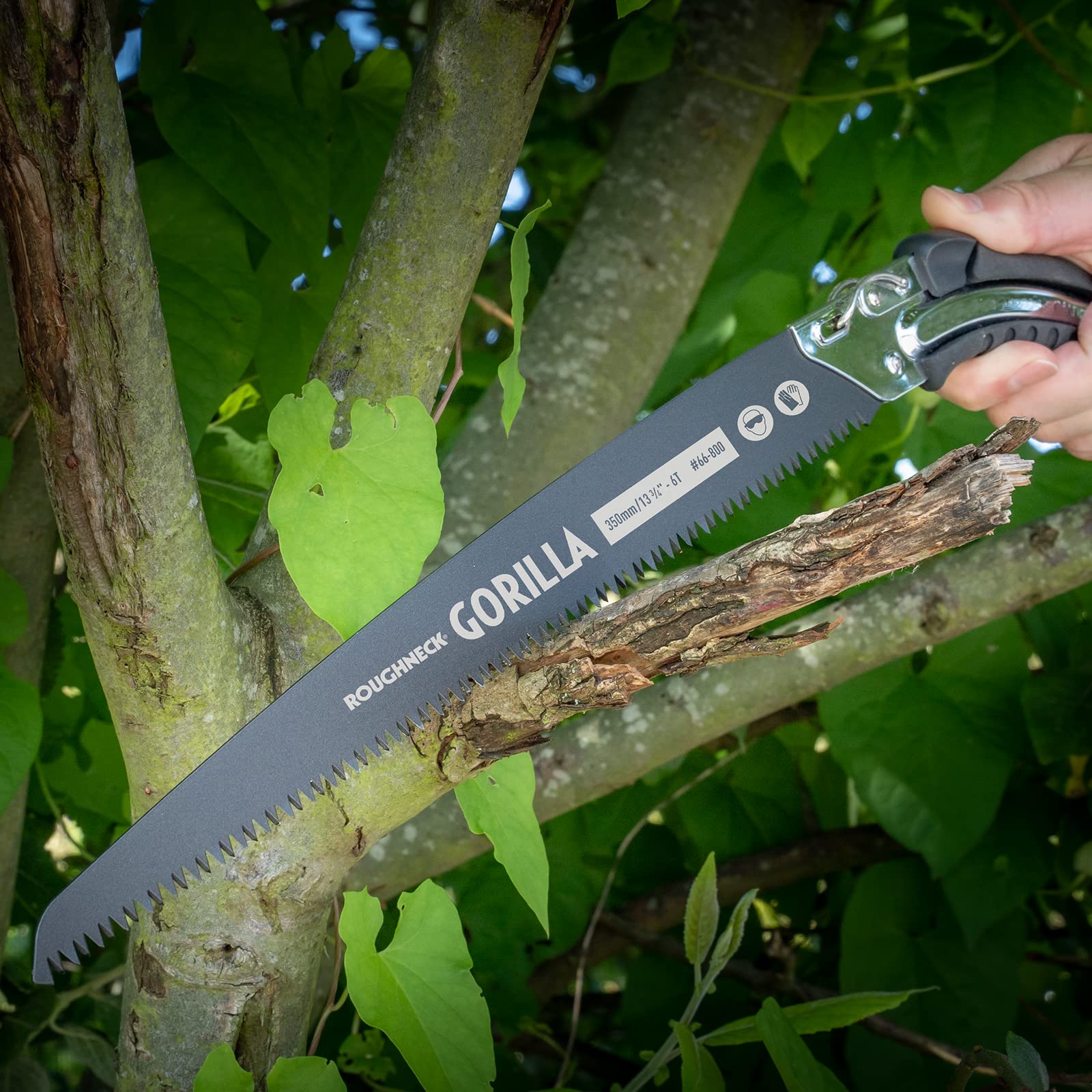 Scie d'élagage Roughneck Gorilla Fast Cut avec lame de 350 mm, denture triple affûtée et revêtement PTFE, acier chromé, poignée en caoutchouc antidérapante avec œillet pour dragonne et étui