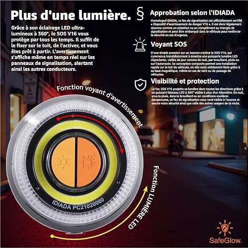 Lampe d’avertissement V16 2026 homologuée IDIADA n° PC21020060 – Triangle de signalisation – Triangle de panne – Homologation UE – Pour voiture et moto - 2