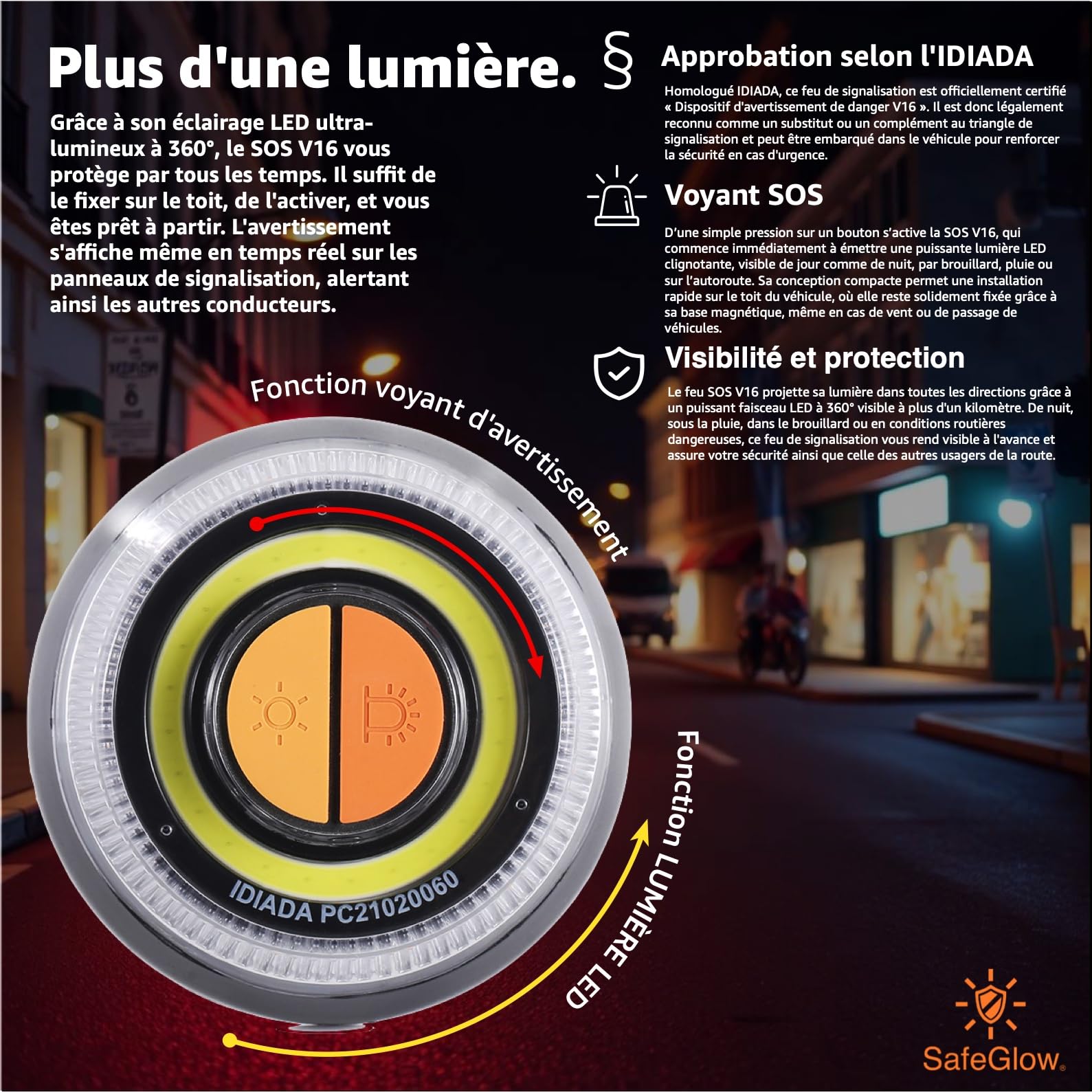 Lampe d’avertissement V16 2026 homologuée IDIADA n° PC21020060 – Triangle de signalisation – Triangle de panne – Homologation UE – Pour voiture et moto