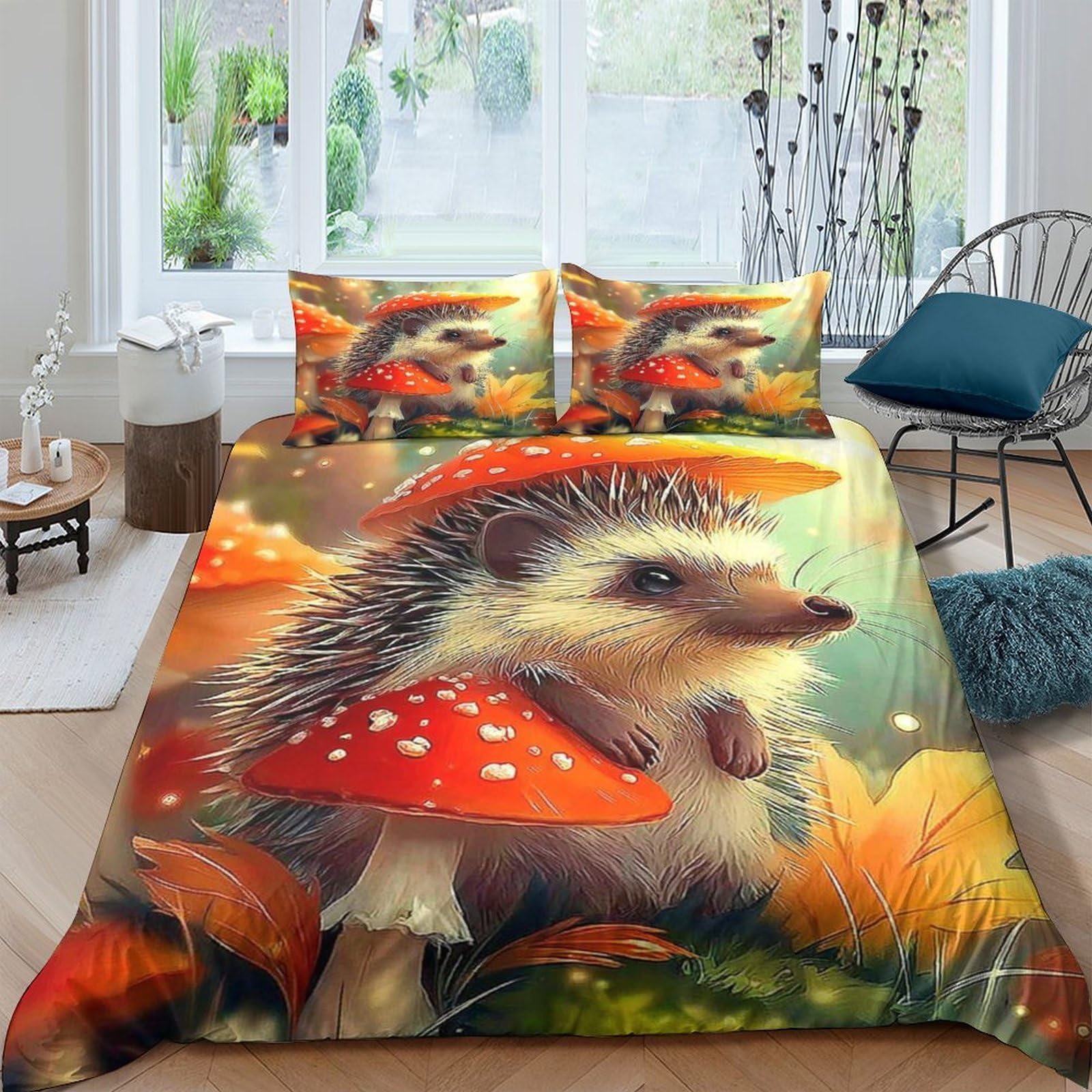 Ctjqhvkz Style-8 3D Printed Hedgehog Toadstool Fitted Sheet Microfiber Soft Autumn Forest Bed Cover For Bedroom Guestroom Decor Single（135X200cm）