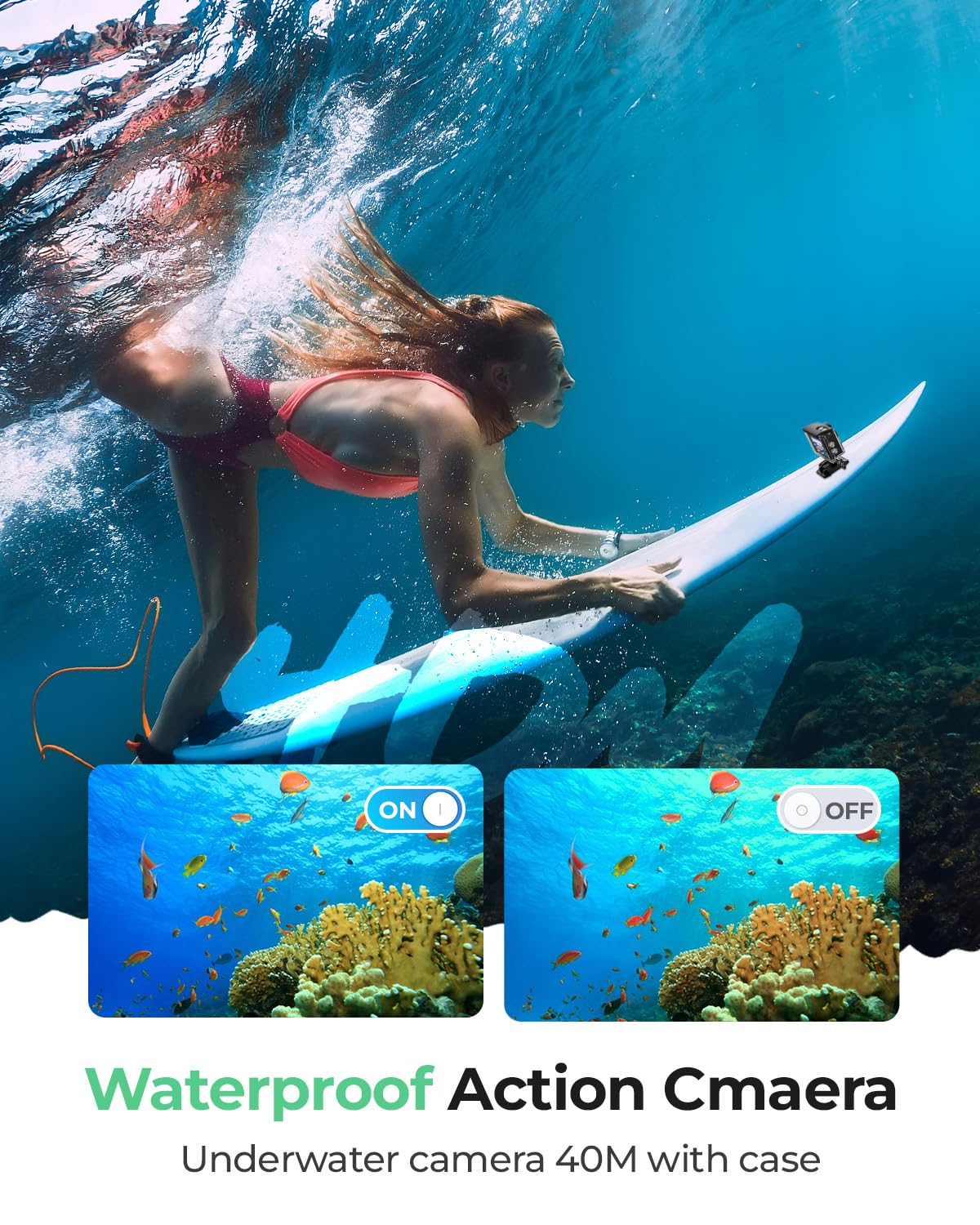 Yolansin Action Cam 4K 60FPS, 48MP Camera con 64GB MicroSD 40M Fotocamera Subacquea Videocamera Impermeabile WIFI Cam 170° Sports Cam, Telecameracon 2.4G Remote Control 2x1350mAh Batterie Accessori