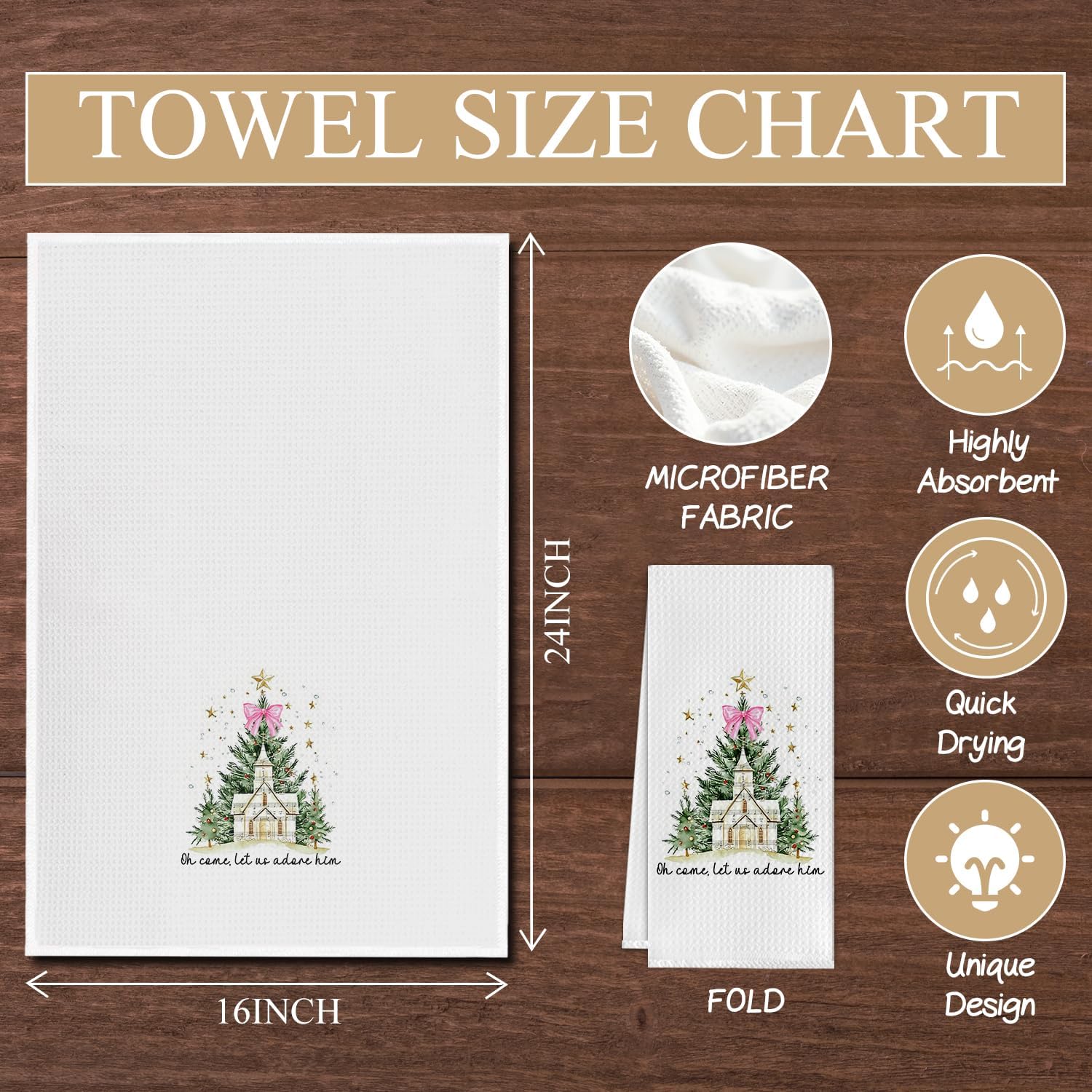 Christian Christmas Kitchen Towels, Pink Bow Christmas Tree Dish Tea Towels for Kitchen Decor, Oh Come Let Us Adore Him Religious Decorative Hand Towel for Bathroom, 16x24 Inch - Image 6