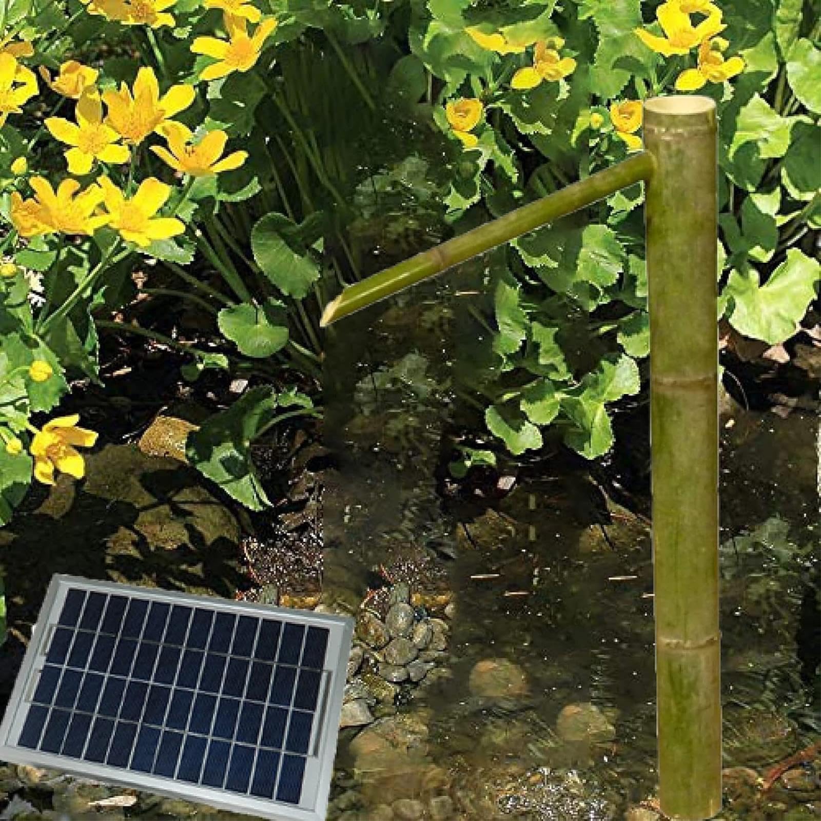 Fontana Solare, Fontana da Giardino in bambù Naturale Resistente alle spaccature, Fontana d'Acqua Zen Feng Shui, Decorazione con Acqua Corrente per Esterni, per Prati, Giardini e Cortili.