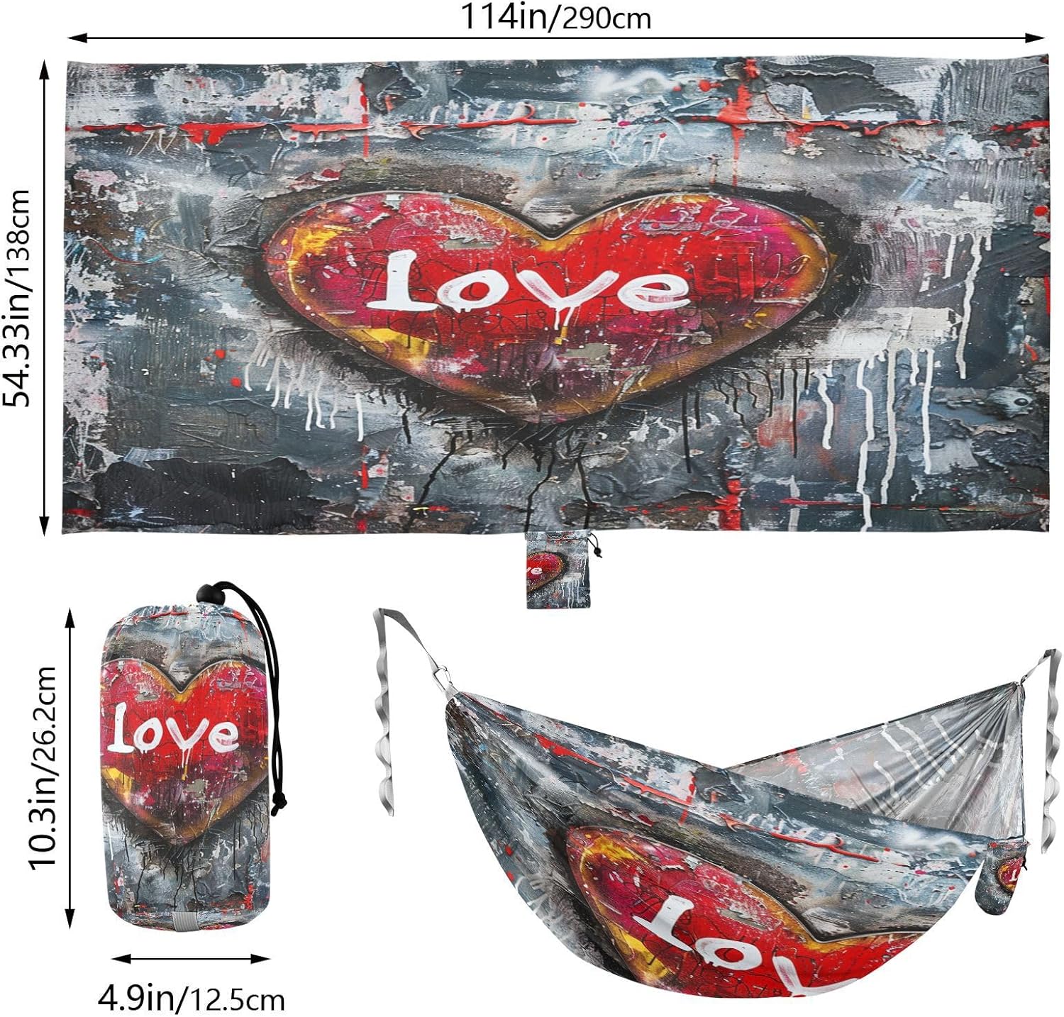 ALAZA Loving Heart Graffiti Camping Hammocks Single or 2 Person 500 lbs Portable Parachute Travel Hammock w/Tree Straps for Hiking Backpacking Indoor Outdoor