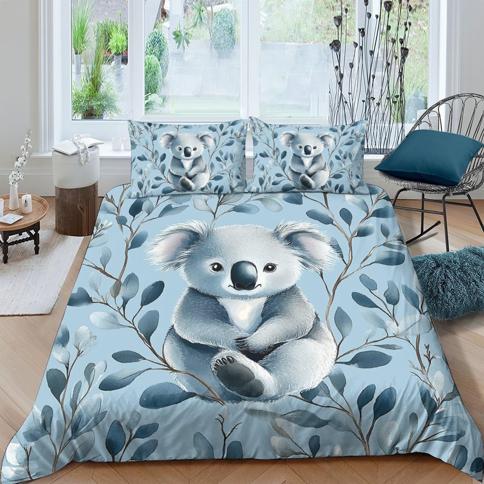 Ctjqhvkz Style-6 3D Printed Koala Forest Fitted Sheet Microfiber Soft Breathable Blue Leaves Bed Cover For Bedroom Dorm Decor Single（135X200cm）