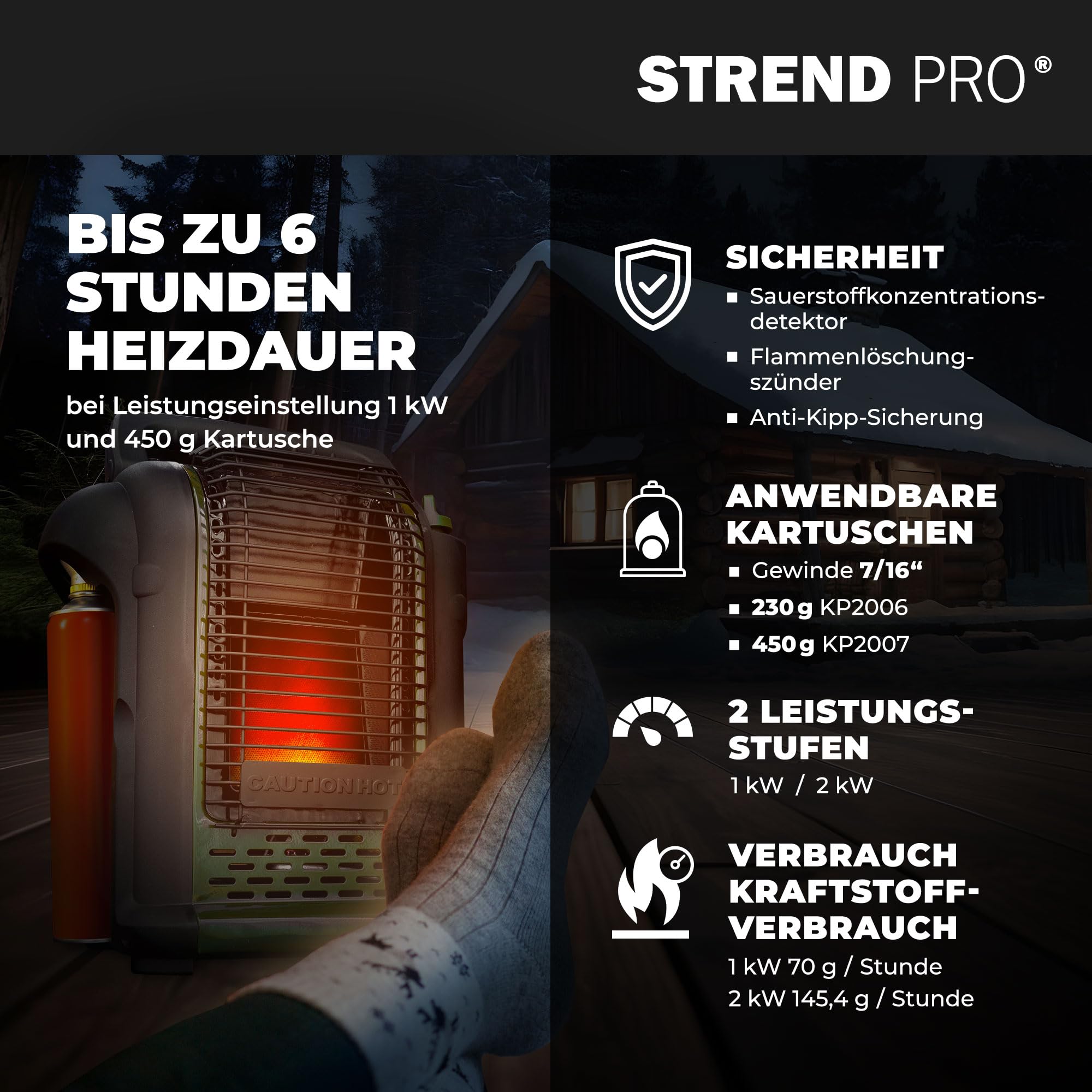 STREND PRO Zeltheizung Gas 2kW | mit 1 Campinggaskartuschen | Tragbare Campinggasheizung für Innenräume, Zelt, Camping, Angeln, Jagen, Mini Gasheizung mit Sauerstoffsensor | Mobiler