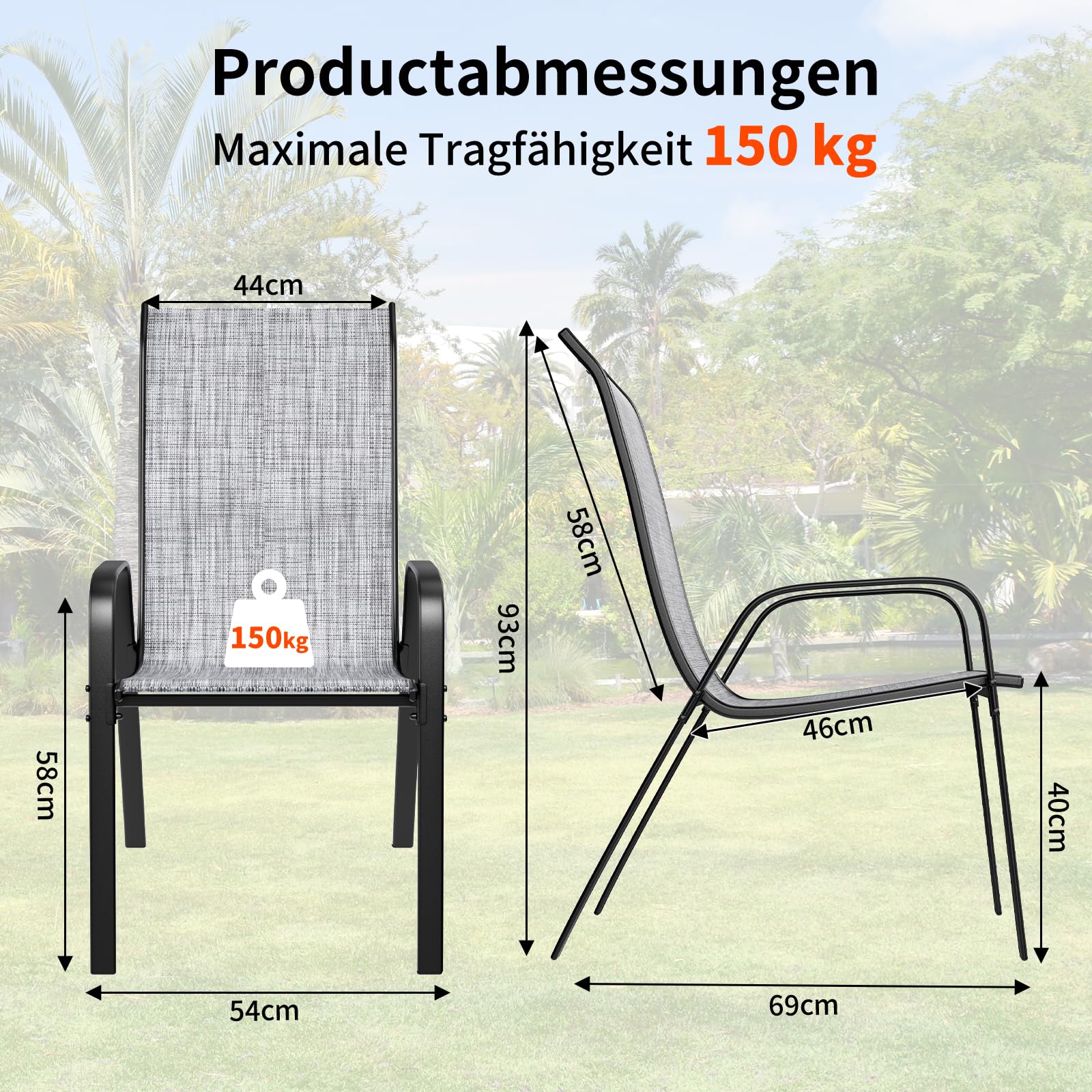 LIFERUN Sedia da giardino impilabile, da campeggio, impilabile, con schienale alto, in acciaio textilene, per giardini, cortili, balconi, ristoranti, 150 kg, portata: 54 x 69 x 93 cm 6pcs Lino grigio