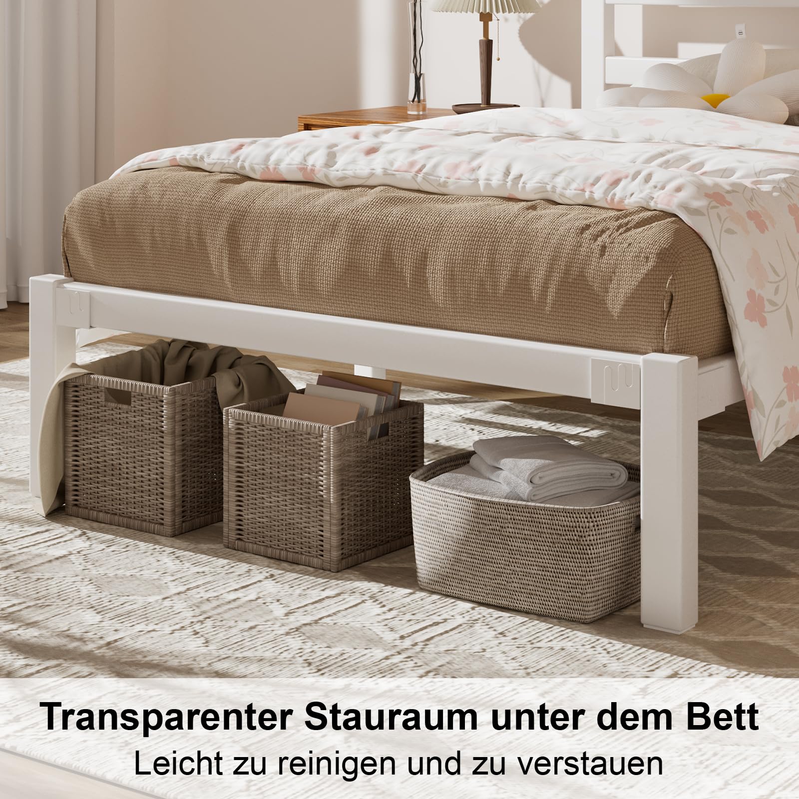 E-Motie Bett 90×200, Metallbettgestell 90 × 200 cm mit Kopfteil, Stauraum unter dem Bett, Modernes Jugendbett mit Lattenrost, Einfache Montage, Weiß