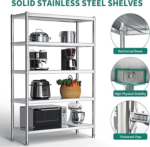 Miniatura 4 de YITAHOME Estantes de acero inoxidable, 48 x 18 x 72 pulgadas, estante de almacenamiento de 5 niveles, estantería resistente para cocina, garaje,