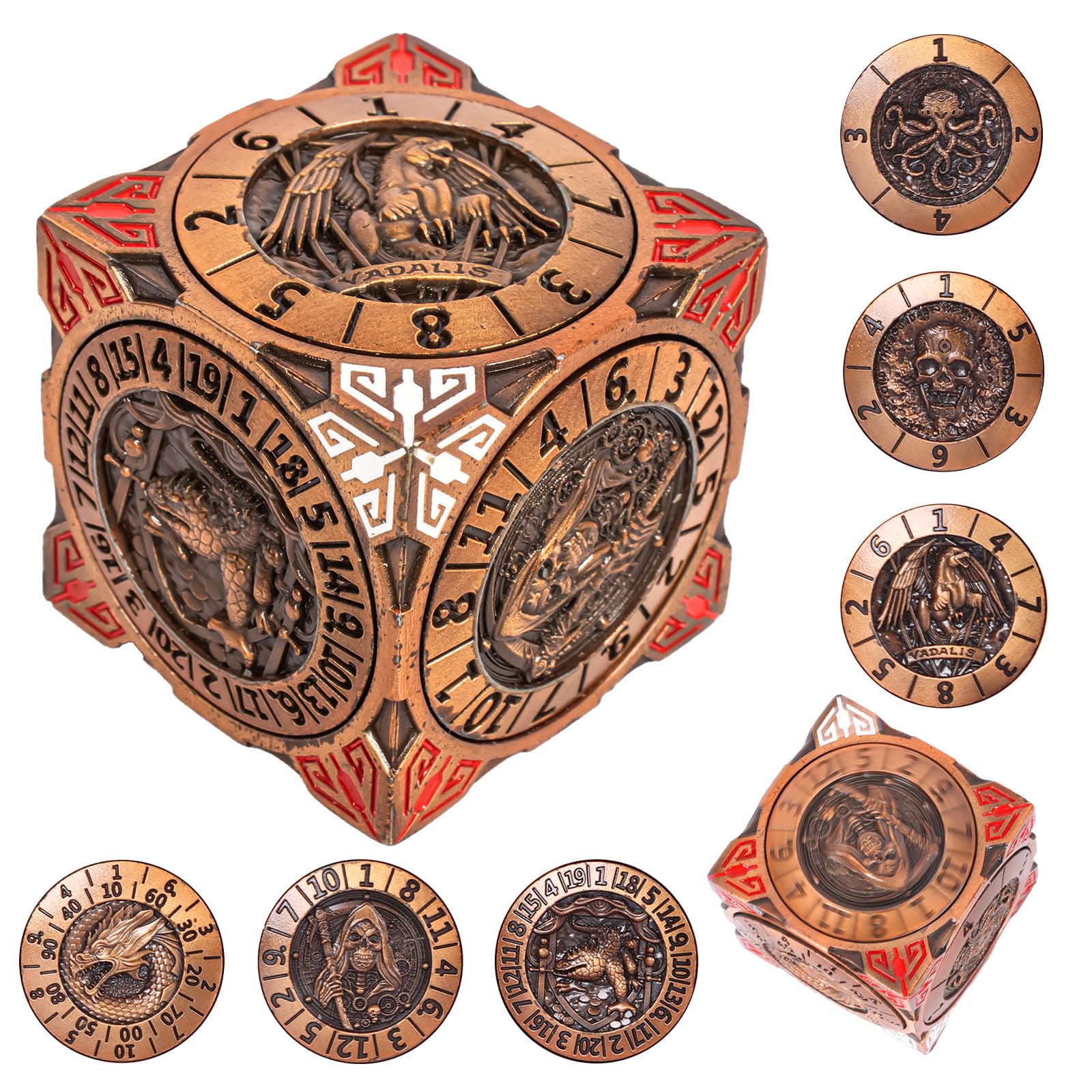 DND Spinner Dice - 7-in-1 Metal Dice Set with 3D Relief Dragon Design | Unique Spinner Design for Dungeons & Dragons | Fantasy RPG Polyhedral Dice Set for D&D Players & DM (Gold Copper)