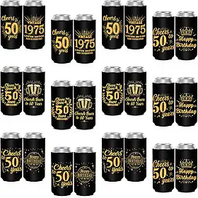 mangas refrigeradoras de lata finas, pacote com 12, refrigeradores de lata skinny de neoprene para copos de latas padrão de 12 onças, decorações para lembrancinhas de festa de 50 a