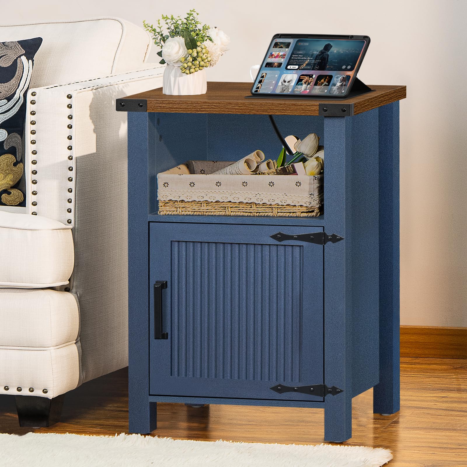 Joaxswe Nightstand with Charging Station,17 Inch Farmhouse Night Stand with Barn Door and Storage Cabinet,Rustic Couch End Table with Magnetic Door,Bed Side Tables for Living Room,Bedroom,Navy Blue