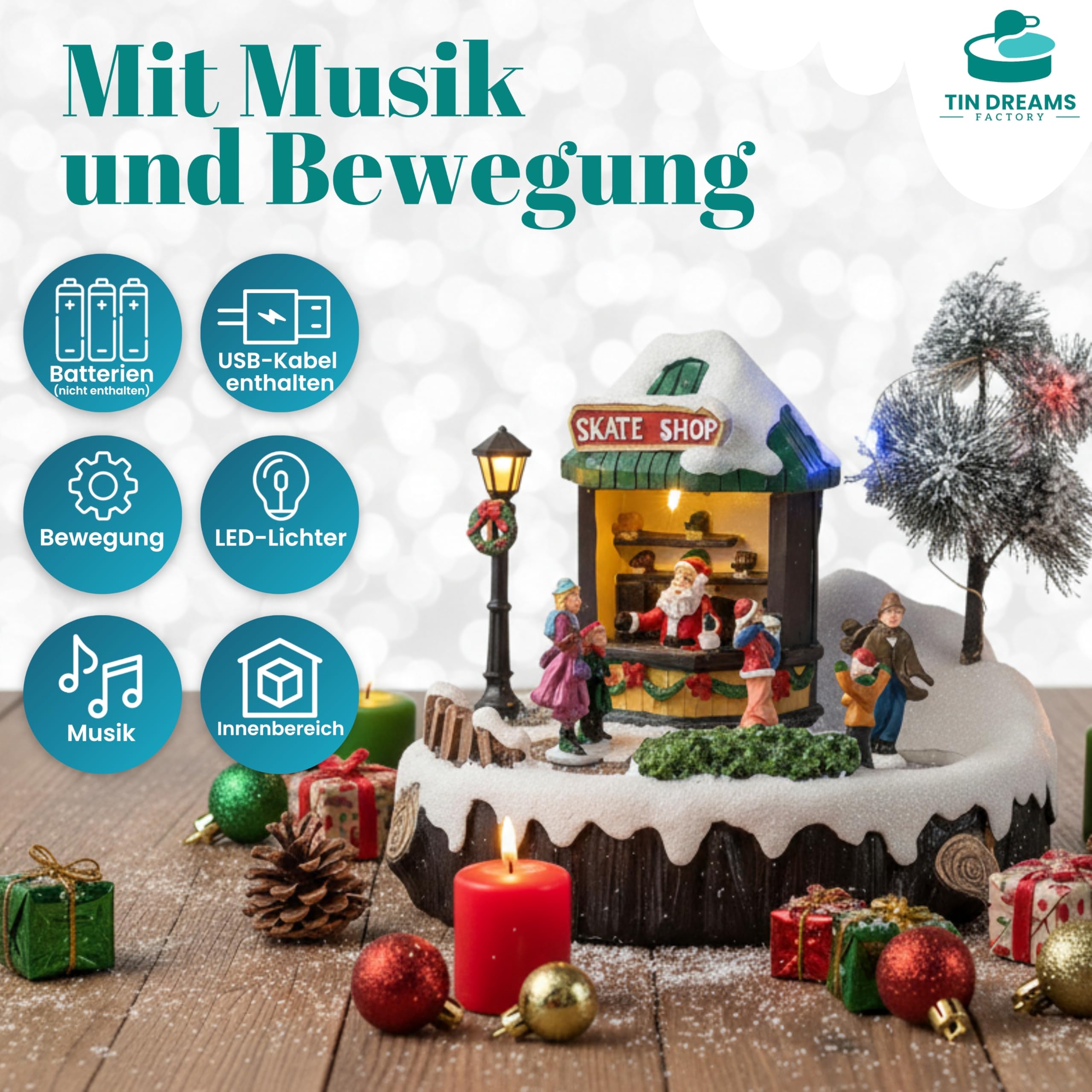 TIN DREAMS | Eislaufbahn Weihnachten mit Musik, Bewegung und Lichtern | Animierte Weihnachtsszene mit Eisläufern | Beleuchtetes Häuschen für Weihnachtsdorf, Miniatur oder Weihnachtsstadt mit Beleuchtu
