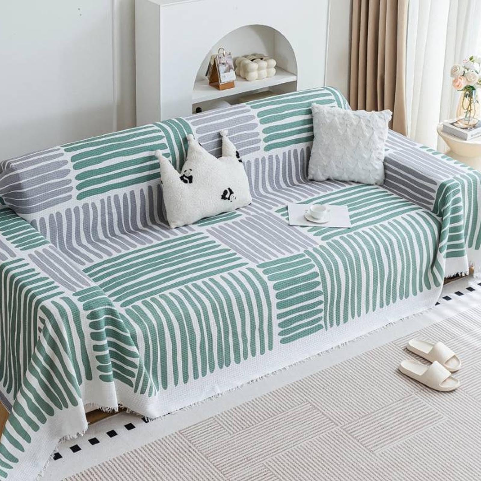 Housse de canapé à pompons douce drapé naturel lavable en machine pour salon - 180x380cm