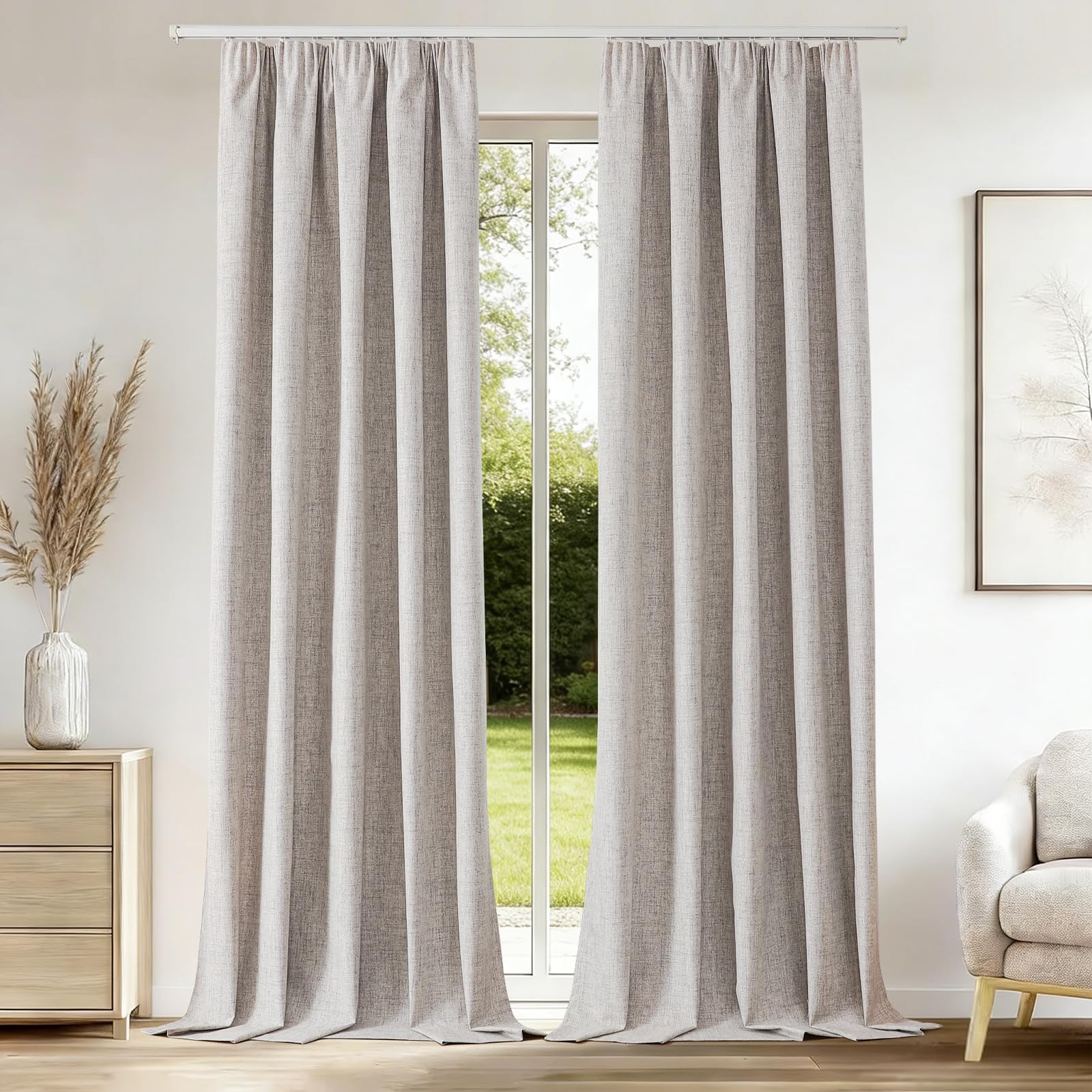 CUCRAF Rideau Occultant avec Galon Fronceur,100% Opacité,H225 x L140 cm,Lot de 2 Panneaux Effet Lin pour Salon,Chambre à Coucher,Chambre Enfant,Système de Rail