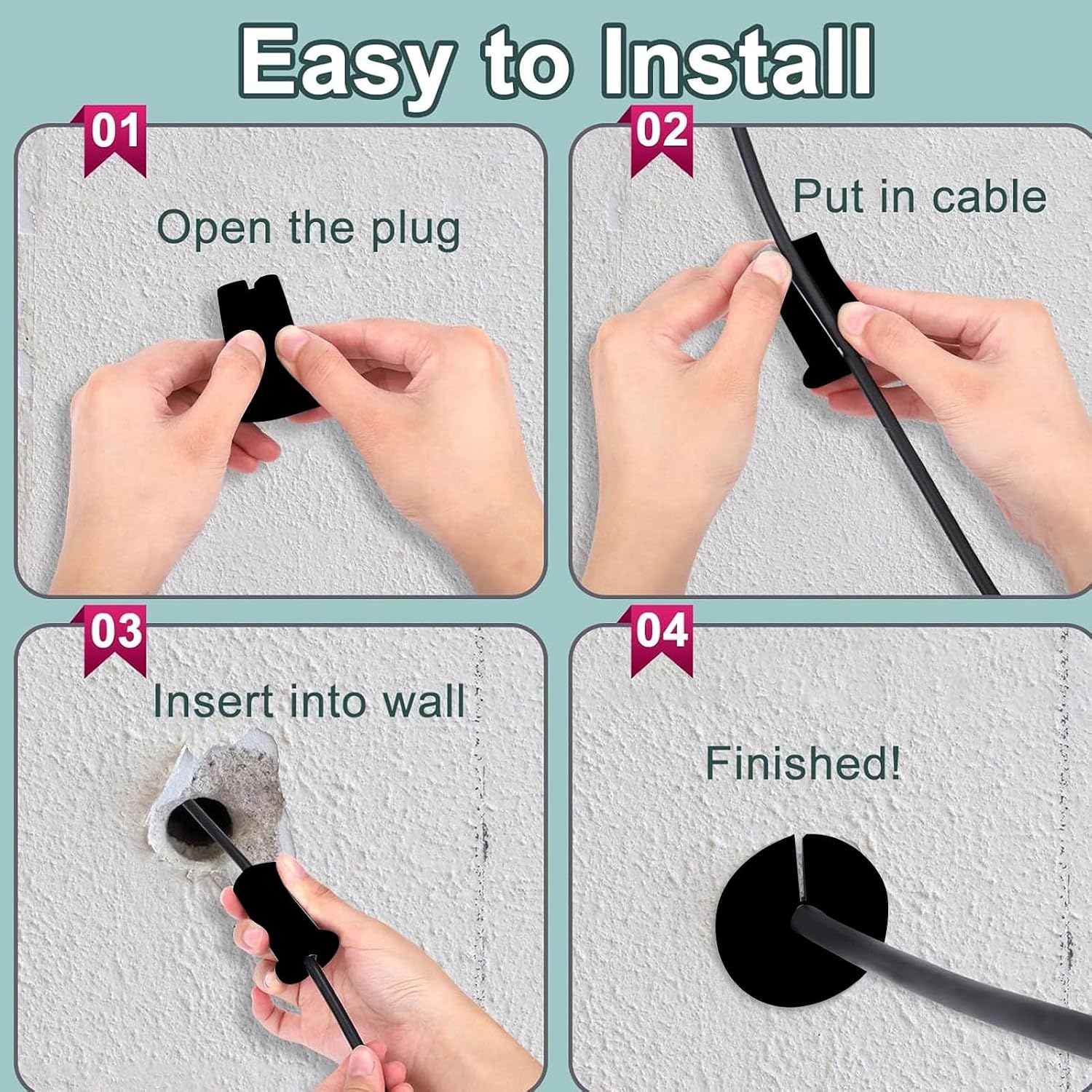 Rubber Cable Wall Pass Through Grommet, 7mm Cable Feed Through Bushing for 1 Inch Wall Holes Organizing, Light Cable Routing Kit (Black)