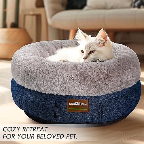 Miniatura 4 de Cleva Cama para gatos acogedora para el hogar cama de felpa ultrasuave para mascotas con lados elevados y base antideslizante, cómoda cama redonda