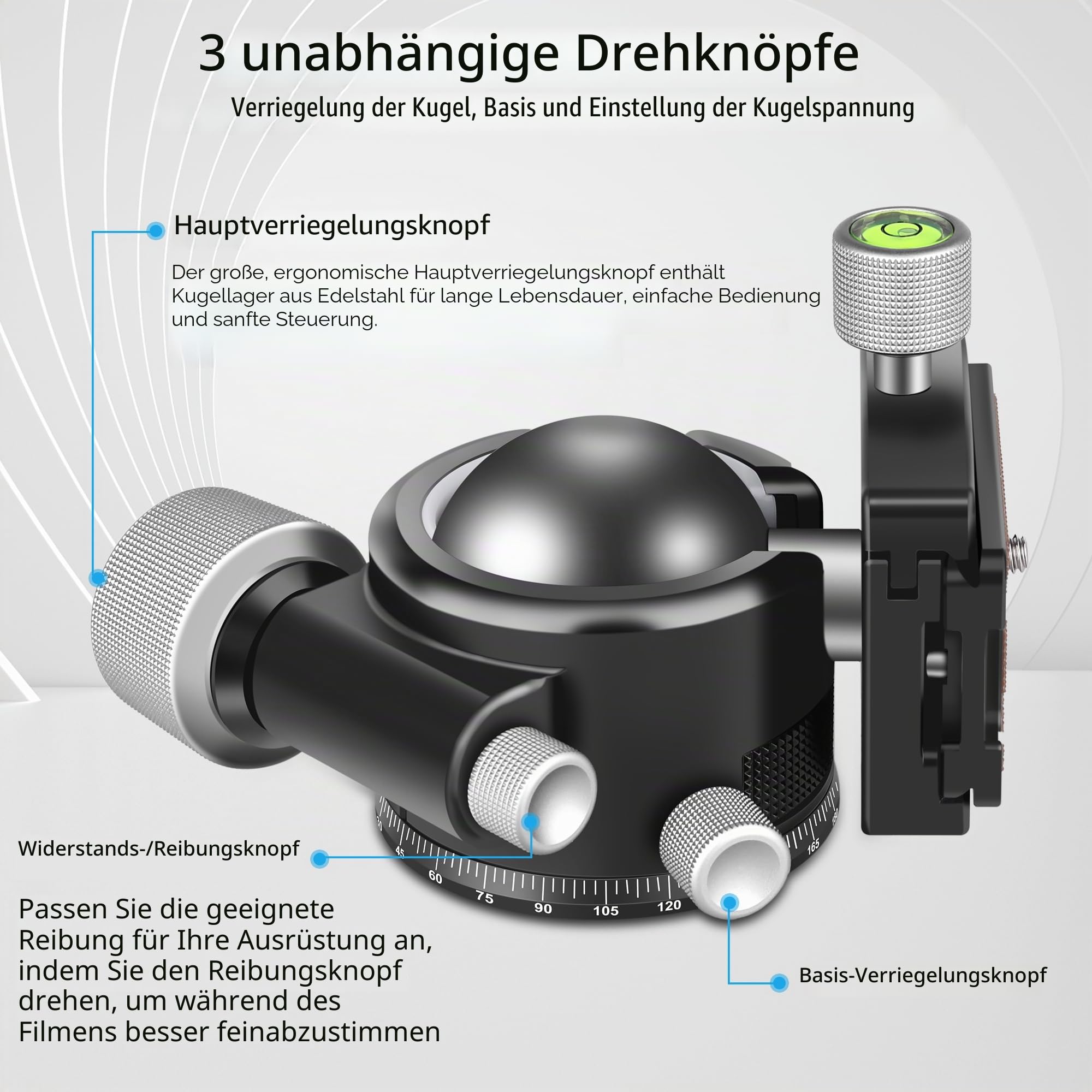 55mm Low Profile Kugelkopf, ARTCISE KB55 Heavy Duty Stativkopf aus Vollmetall mit DREI 1/4" Schnellwechselplatten für Stativ, Einbeinstativ, DSLR, Camcorder, maximale Belastung 40kg.