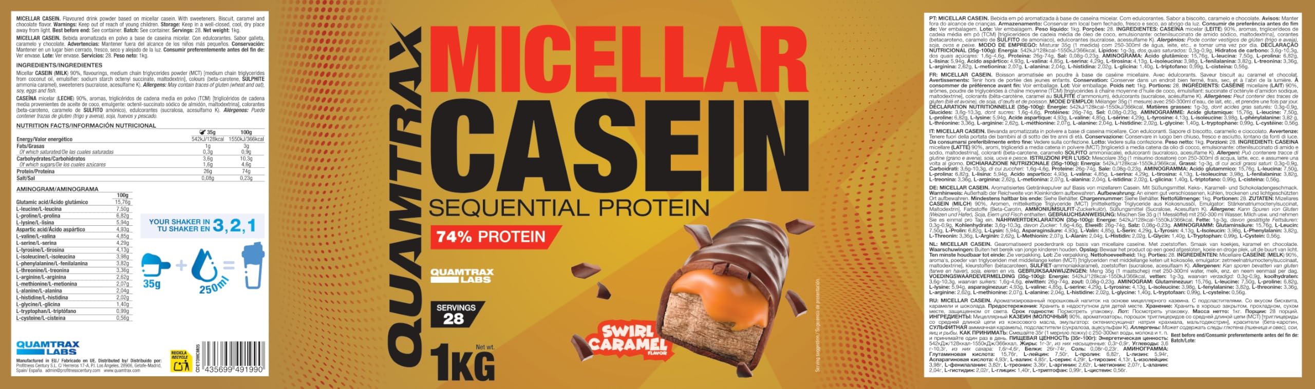 Quamtrax Nutrition - Micellar Casein (Caseína Micelar) - 1 kg - Sabor Swirl Caramel - Alto contenido proteico, absorción lenta y recuperación muscular