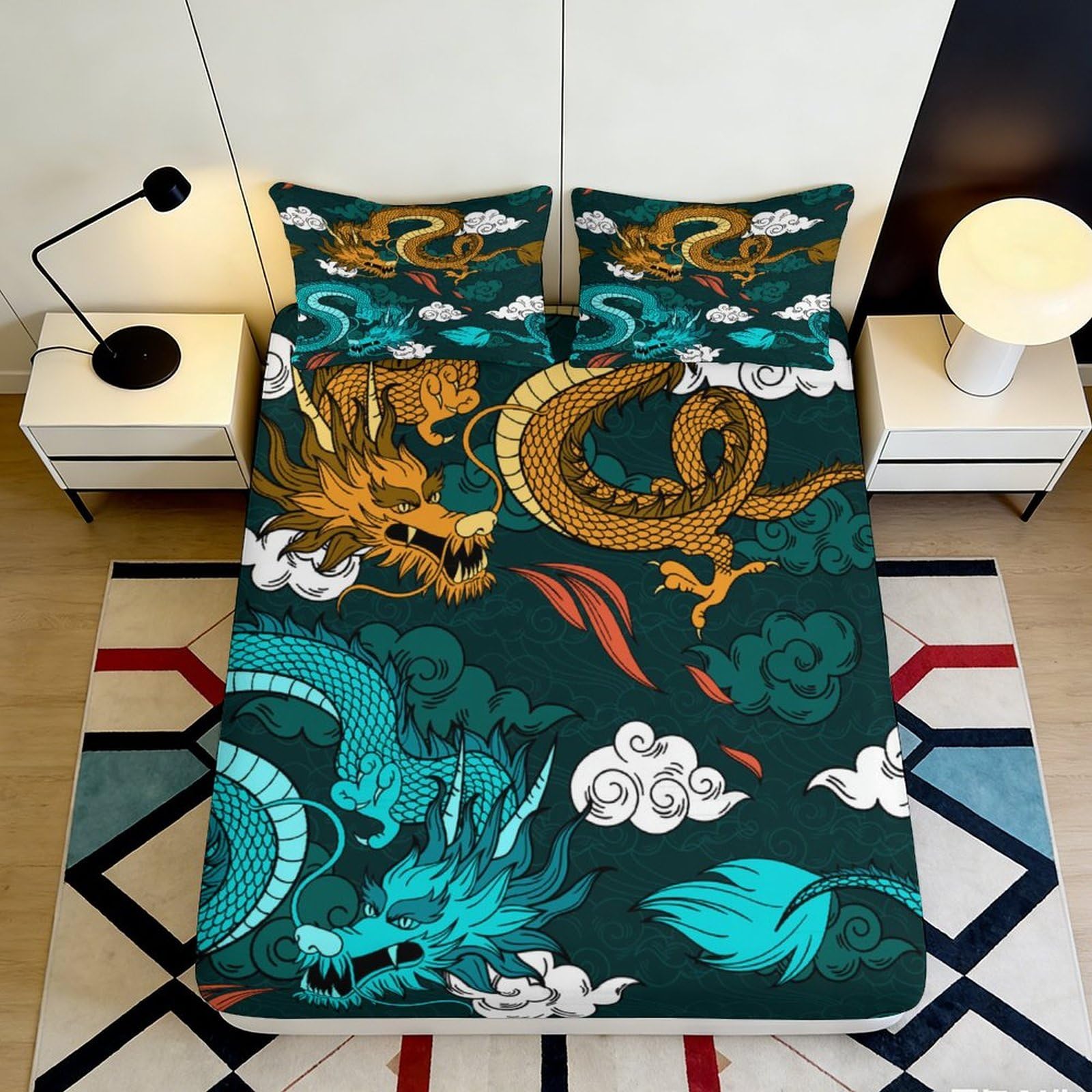 Pnayamiorkfel Style-10 3D Printed Chinese Dragon Fitted Sheet Microfiber Soft Gold Blue Cloud Bed Cover For Bedroom Dorm Mattress Decor 90X200x25cm