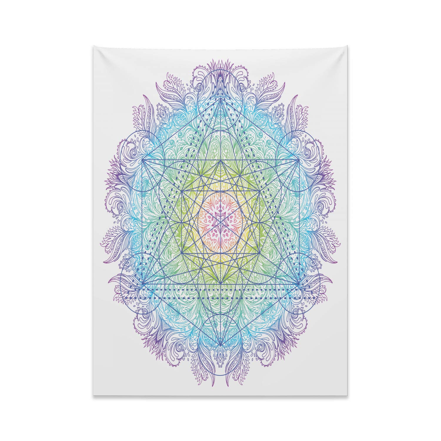 ABAKUHAUS Ethnic Tapestry, Mandala Round with Sacred Geometry Element Metatron Cube Archaic Alchemy Theme, Fabric Wall Hanging Decor for Bedroom Living Room Dorm, 43 W X 58 L, Multicolor