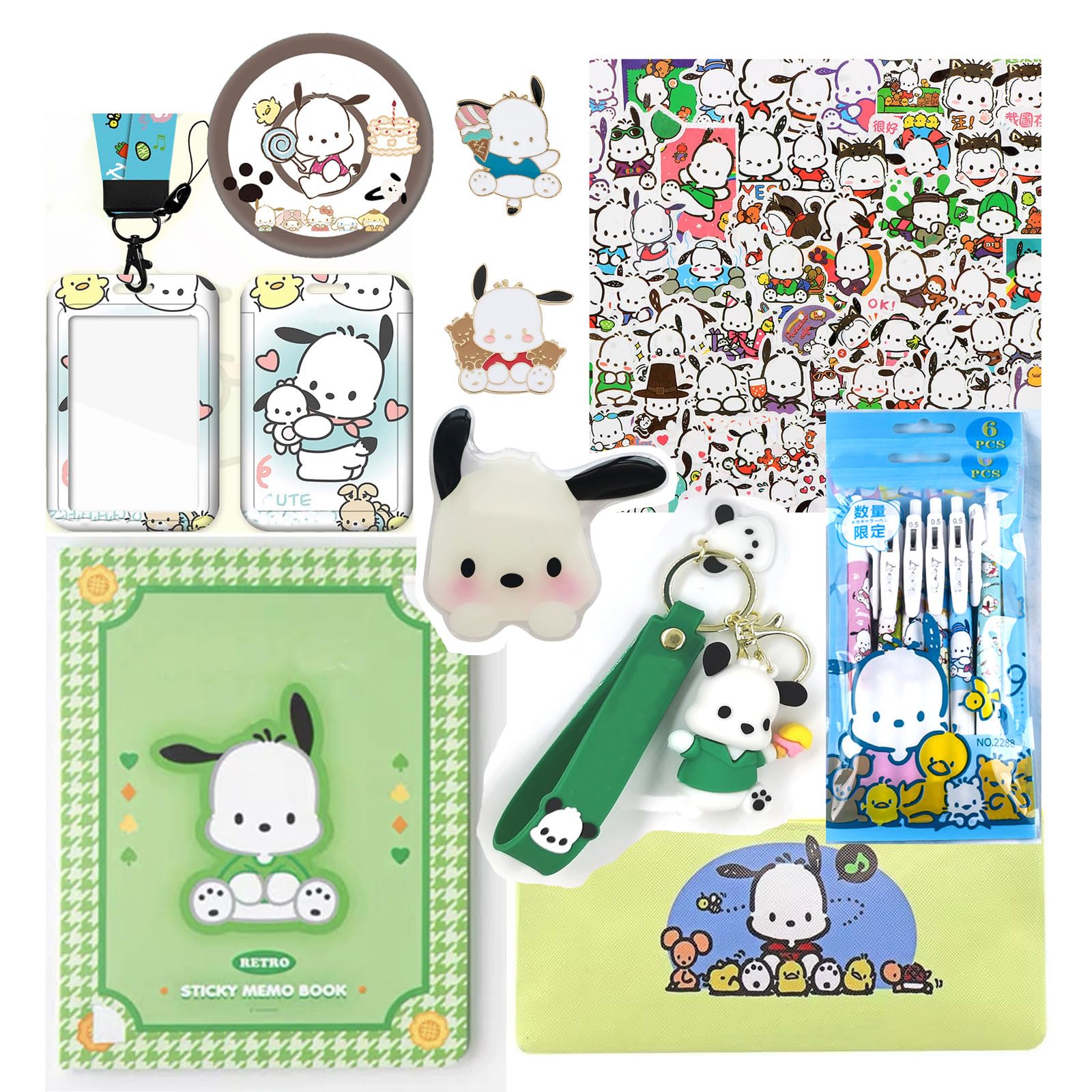 SMAROICE Cute School Supplies Set Kawaii Office Supplies Gift Set Including Gel Ink Roller Pens Stickers Pencil Case ID Badge Stickers Button Pins Key Chain Phone Ring Holder