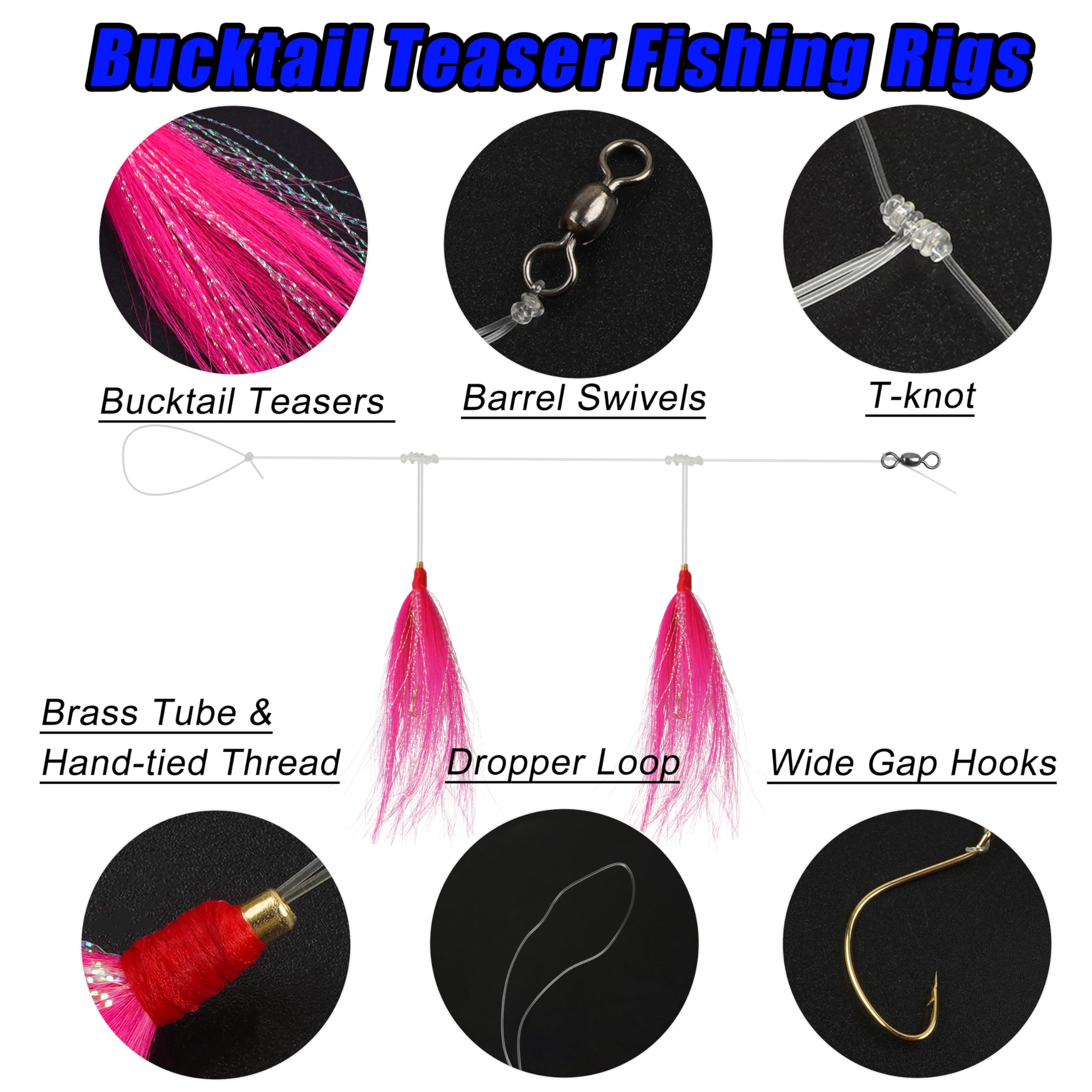 Bucktail Teasers rigs Fishing Teaser Rigs 3Colors Fishing Lure with Bucktail Teaser Mono Leader Swivel Fishing Bait Rigs for Saltwater(12PCS)
