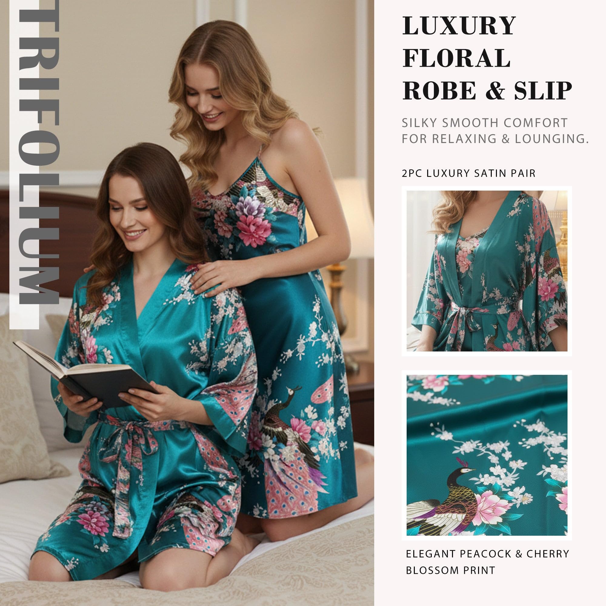 Trifolium Kimono Robe And Chemise Silky Peacock Satin Nightgown Bathrobe Wedding Negligee Nightdress — view 3