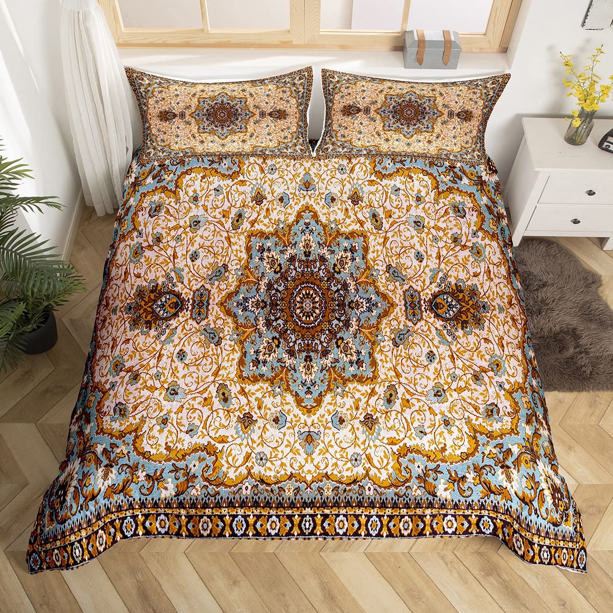 Juego de funda de edredón oriental para niñas y mujeres, funda de edredón vintage de medallón, tamaño Super King, juego de ropa de cama ultrasuave y ligera con cierre de cremallera