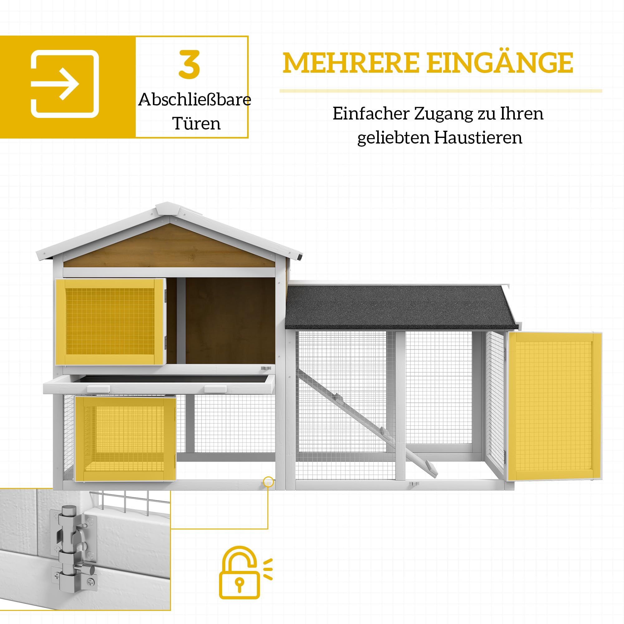 PawHut Conejera de 2 pisos, resistente al invierno, de madera, 147 x 54 x 84 cm, jaula para conejos con techo de betún impermeable, rampa para 2 conejos enanos, para exteriores, color amarillo