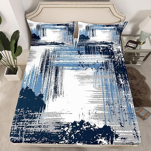 Miniatura 2 de Manfei Juego de sábanas abstractas tamaño matrimonial, juego de sábanas estilo grunge azul, negro y gris, 4 piezas con sábana bajera de bolsillo