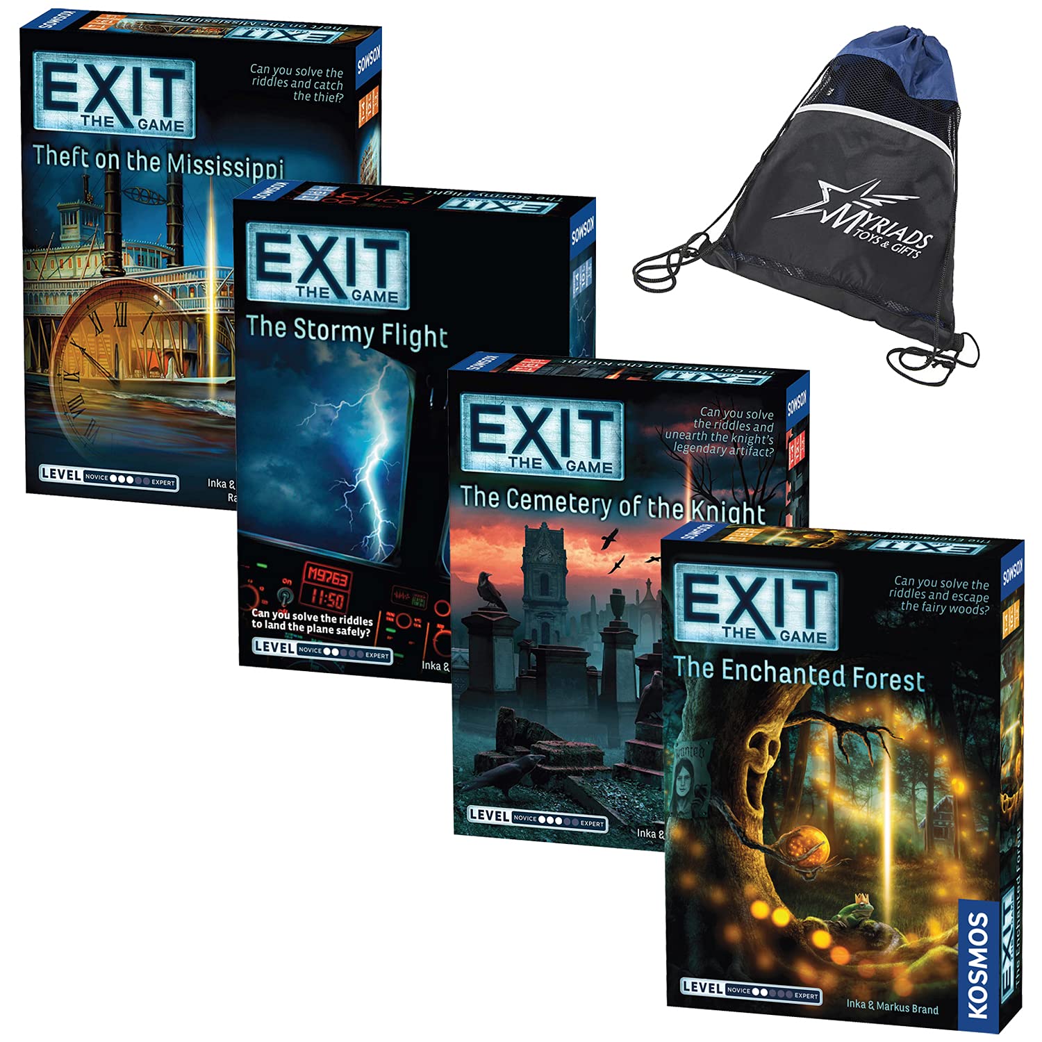EXIT: The Game Beginner Set - Theft on The Mississippi, The Stormy Flight, Cemetery of The Knight, and Enchanted Forest with Myriads Bag