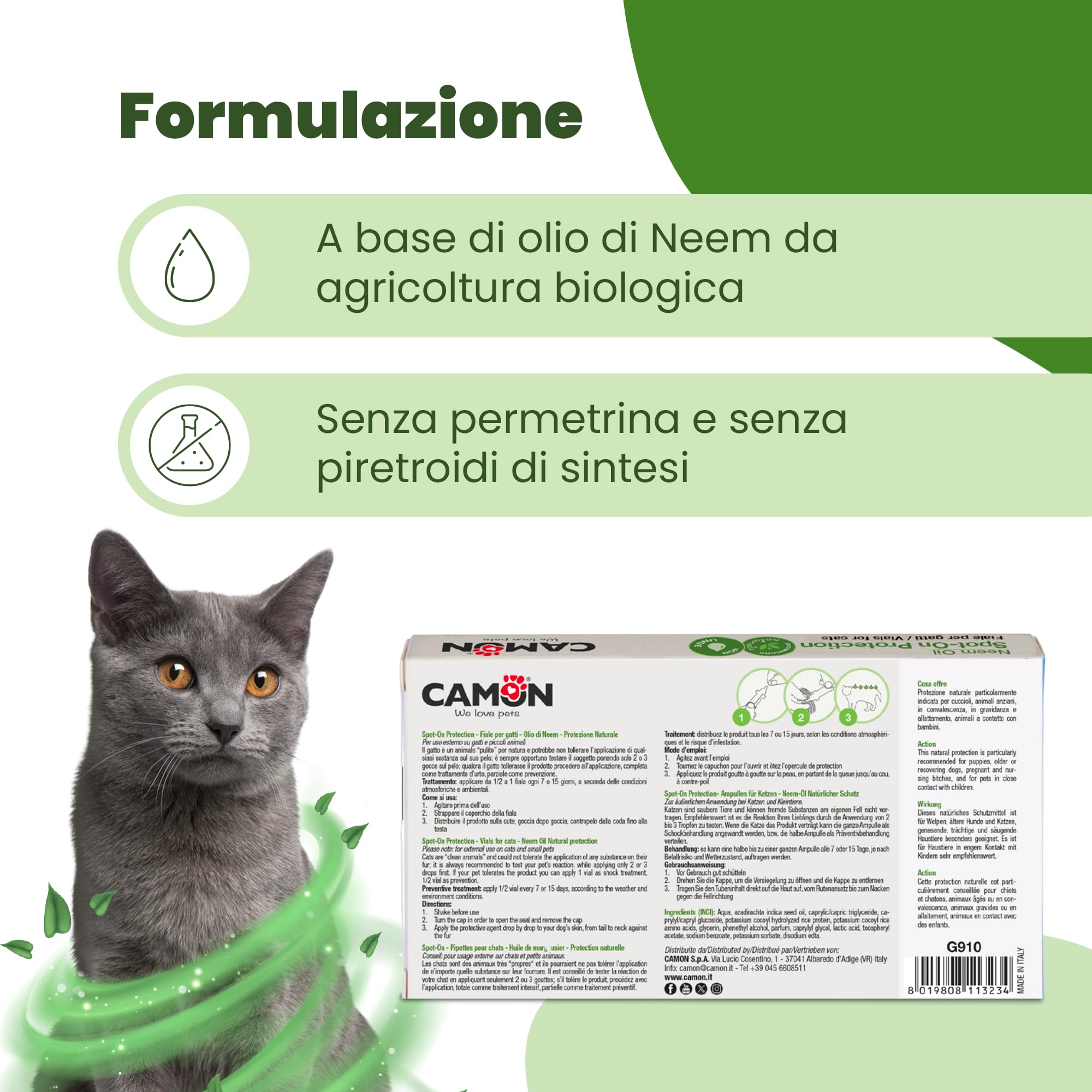 CAMON | Spot-On Protection Gatto, 5 Fiale da 2ml con Olio di Neem e Aminoacidi, Protezione Naturale