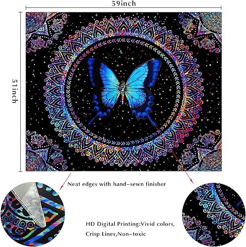 Vista 6 de Romantic Angels Tapiz de mariposa para dormitorio, estético, bohemio, mariposas azules y estrellas, tapiz para colgar en la pared, para sala
