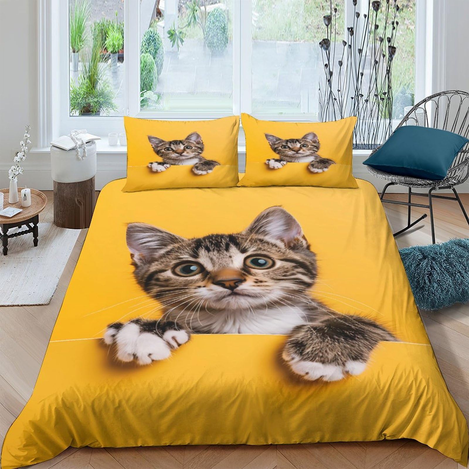 Ctjqhvkz Style-9 3D Printed Cute Tabby Cat Fitted Sheet Microfiber Yellow Animal Pattern Mattress Cover For Bedroom Dorm Easy Care Single（135X200cm）