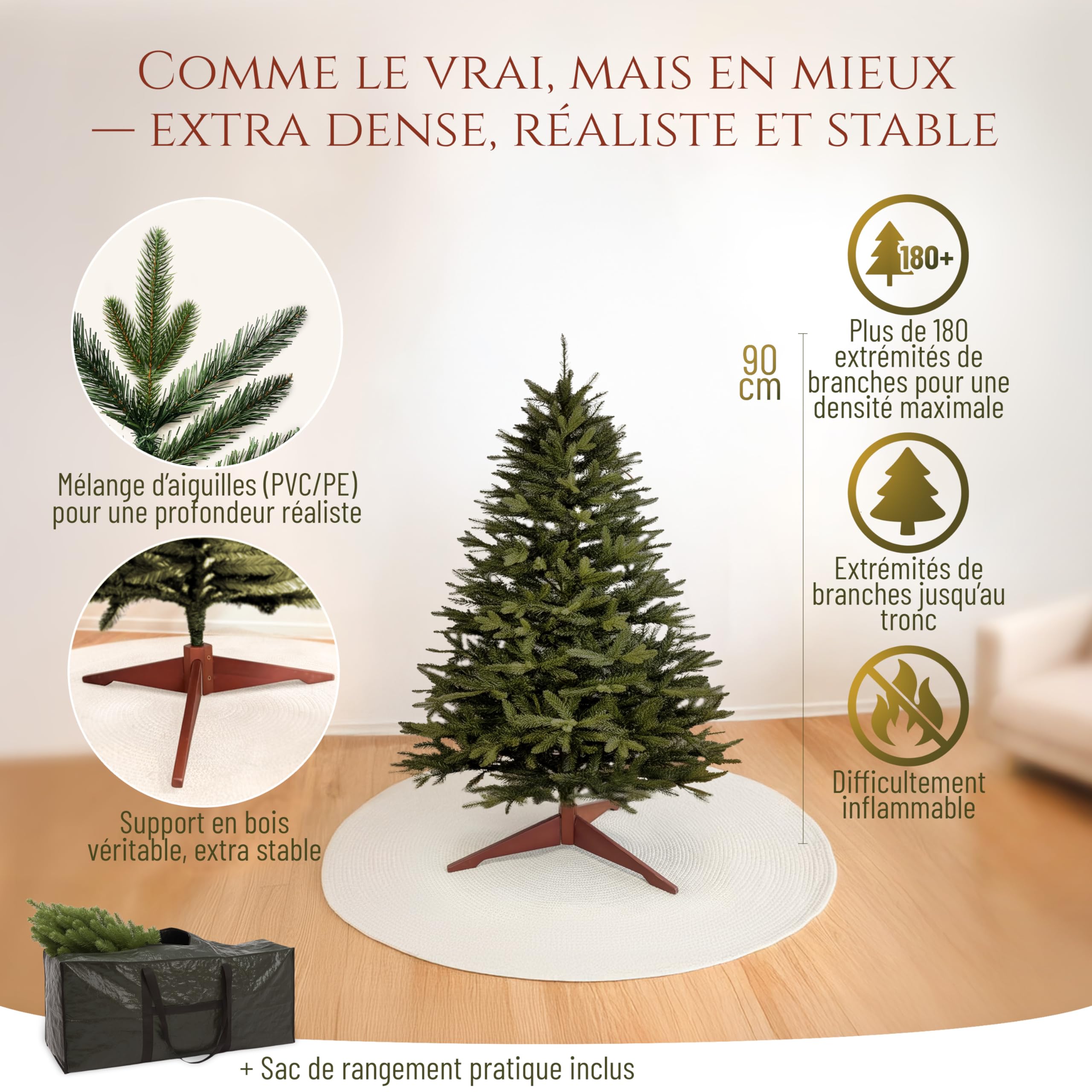 Sapin de Noël Artificiel Premium 90 cm - Gagnant du Test - Réalisme Exceptionnel, Branches épaisses, livré avec Support en Bois et Sac de Rangement – Pure Living