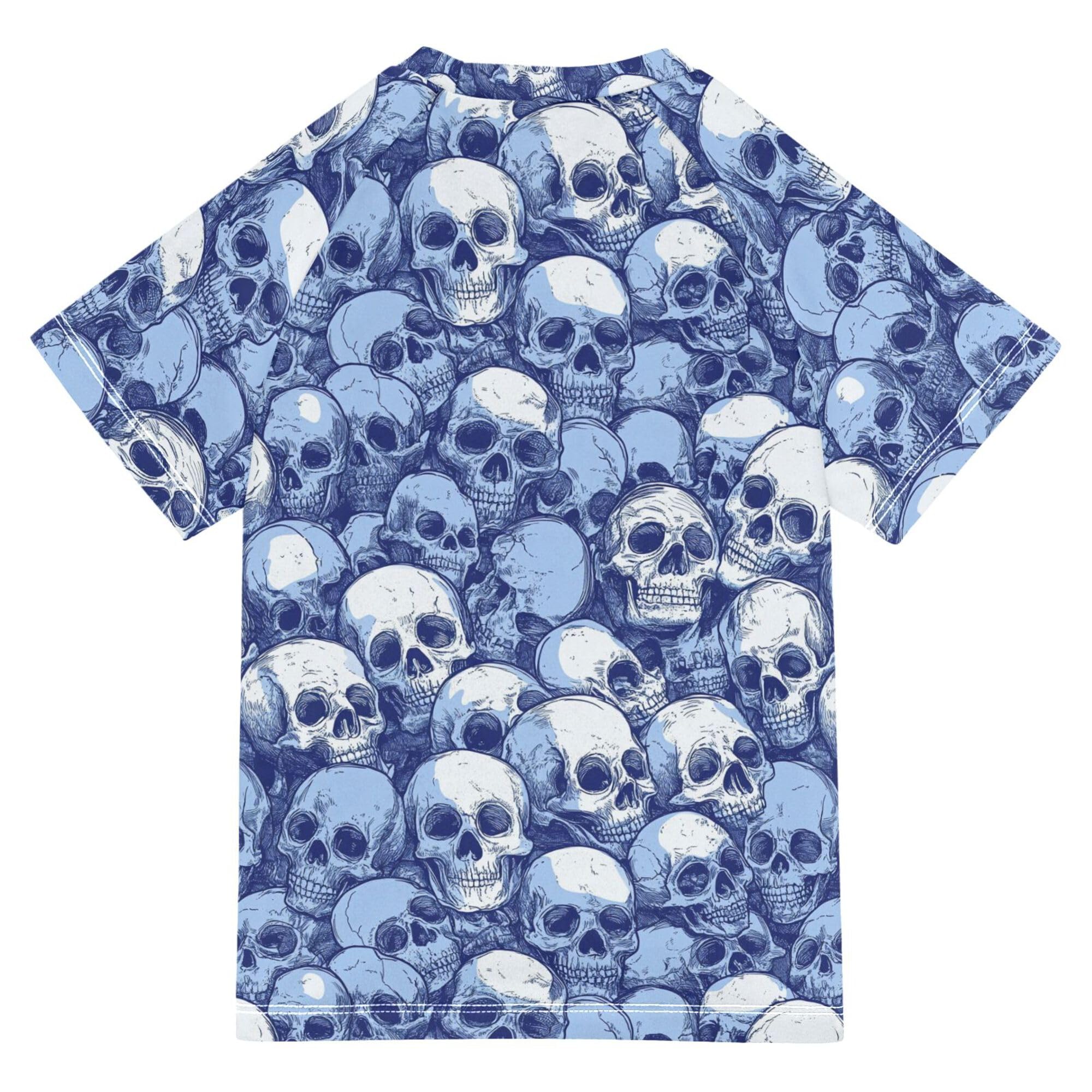 Funny Skull Blue Bathing Suit Girls UV Protection Teen Rash Guard Swimsuit Swimwears Athletic Tops for Youth Boys 7-8Y