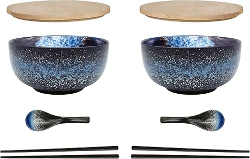 Miniatura 9 de Tazones grandes de cerámica para ramen de 38 onzas, 2 juegos (8 piezas), cuencos de ramen japonés, tazón de sopa, cuencos de fideos con cucharas y