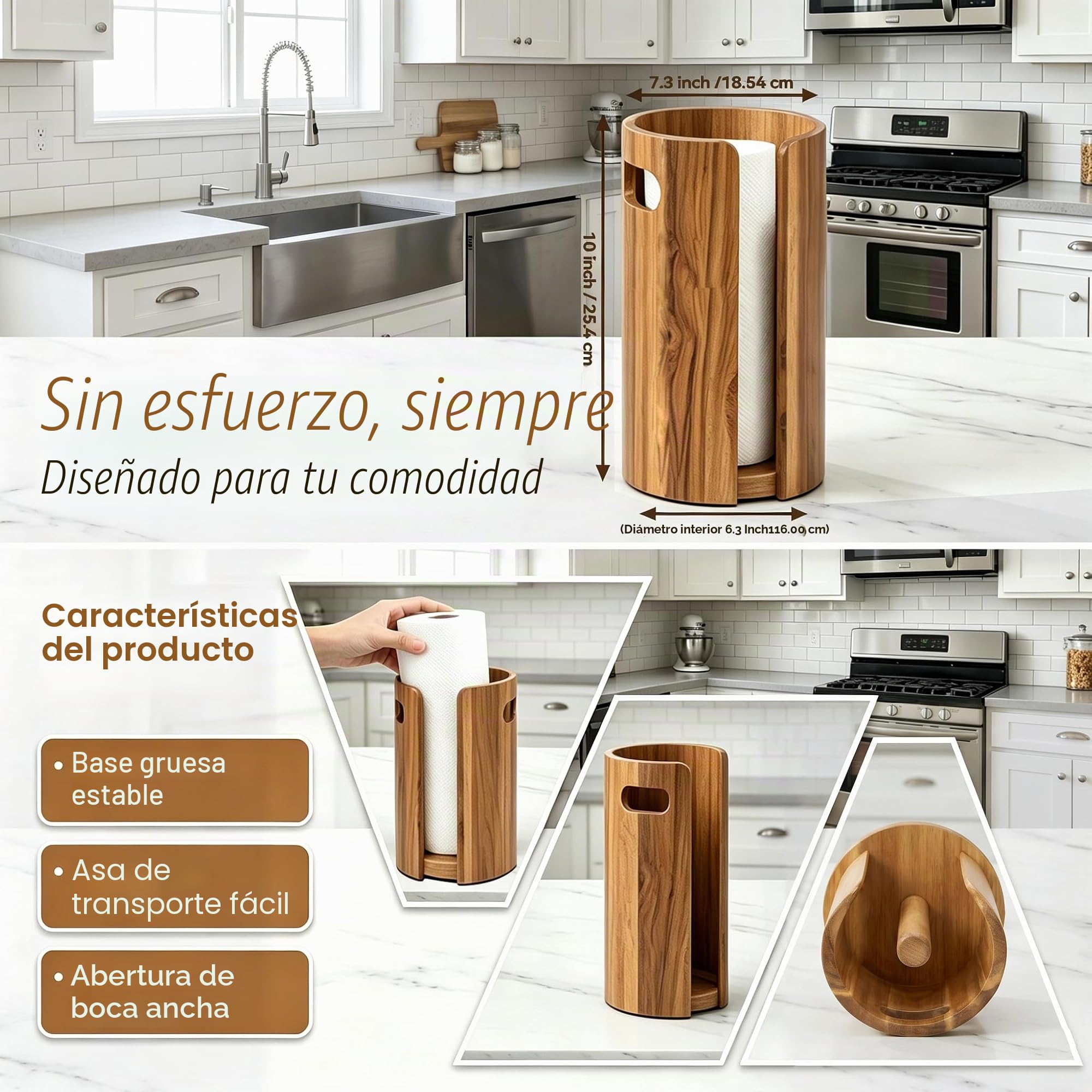 Portarrollos de Papel de Cocina de Madera para Encimera, Soporte para Rollo de Cocina con Salpicadero, Asas y Base Antideslizante Lastrada, Esencial de Decoración para Cocina, Baño, Apartamento