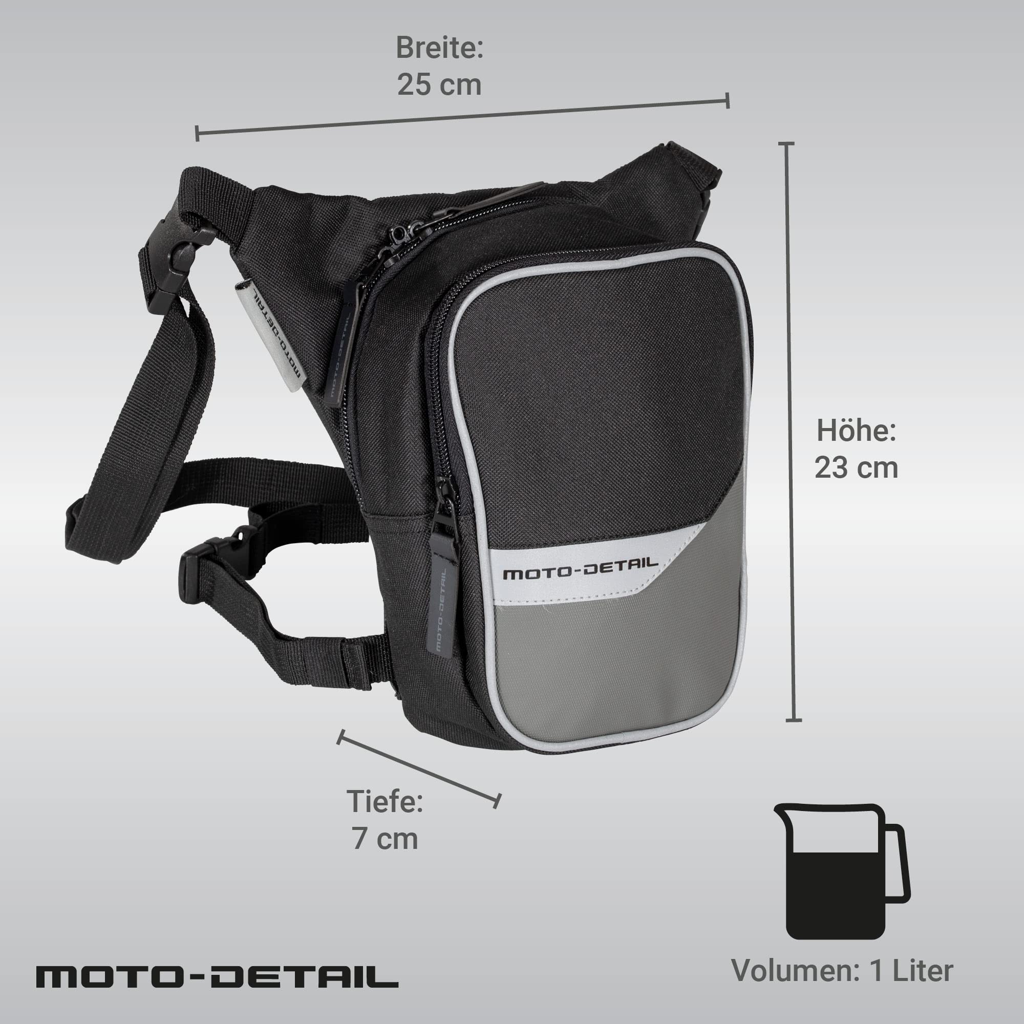 Beintasche 1 Liter, Wasserabweisendes Außenmaterial, Ideal als Motorrad Beintasche Herren & Damen, Abschließbar, Robuste Oberschenkeltasche, Reflektierende Details, Weitenverstellbar