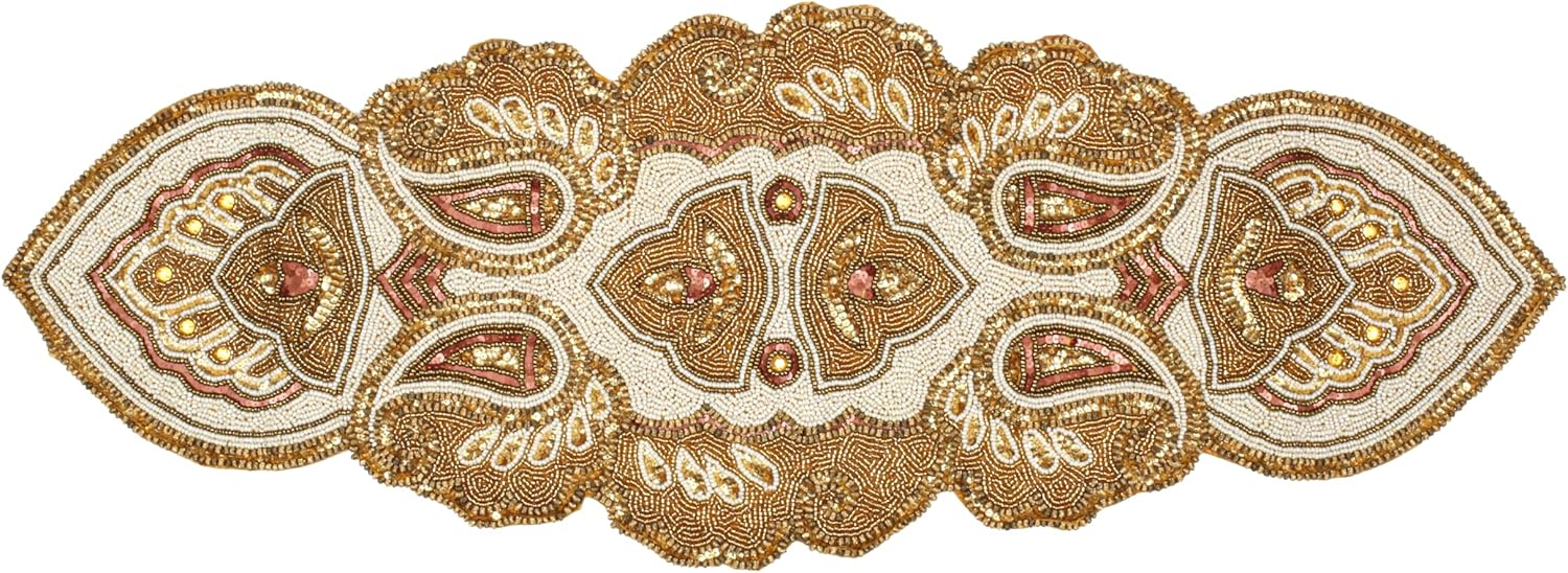 Lightnpro Beaded Christmas Table Runner, Fancy Handmade Decorative Embroidery Gold Runner for Christmas Xmas New Year Family Party Decoration - 13x36 Paisley Design