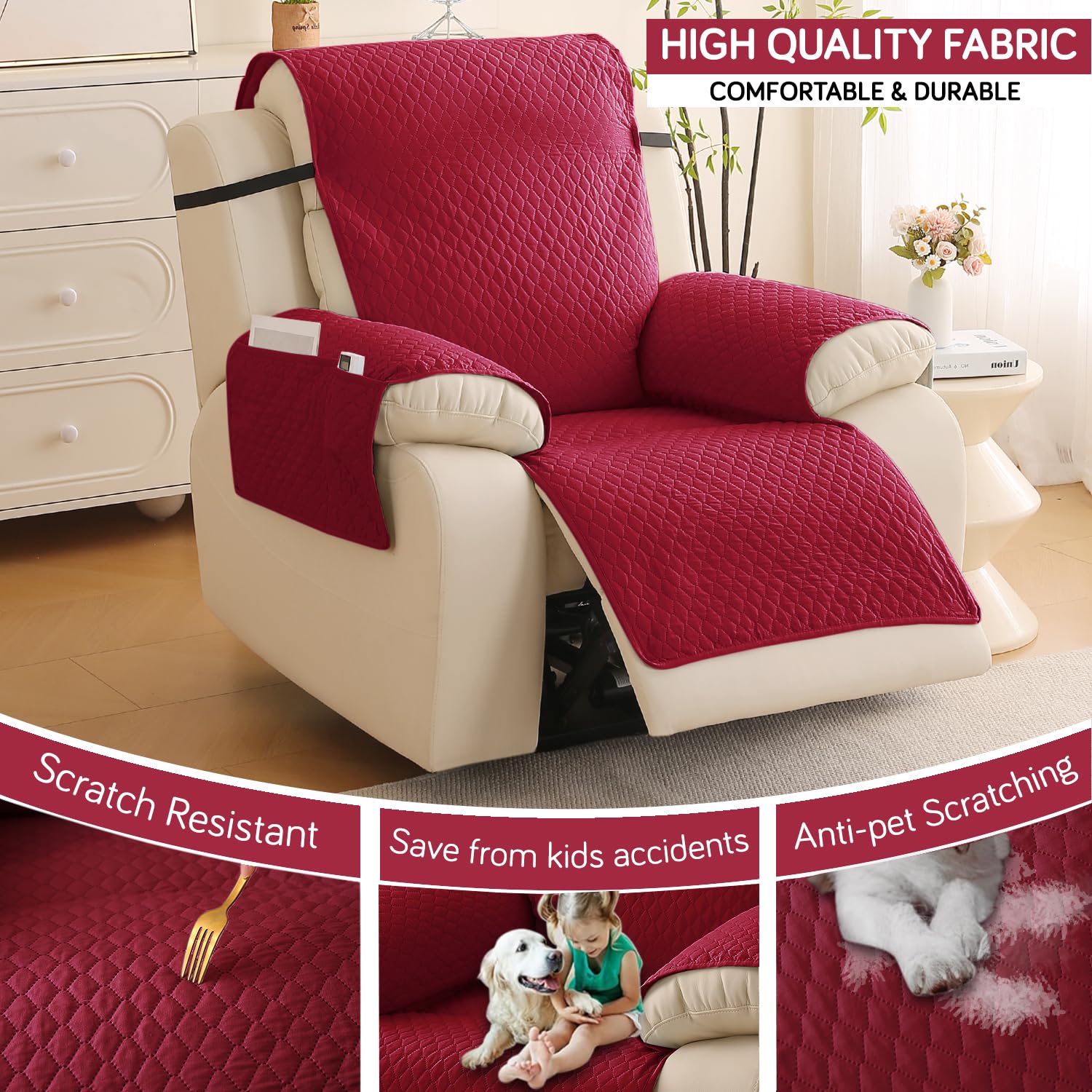 HOKIPO Polyester Quilted Recliner Chair Cover for 1 Seater with Side Pockets, Maroon (NEW-727-MRN) 1